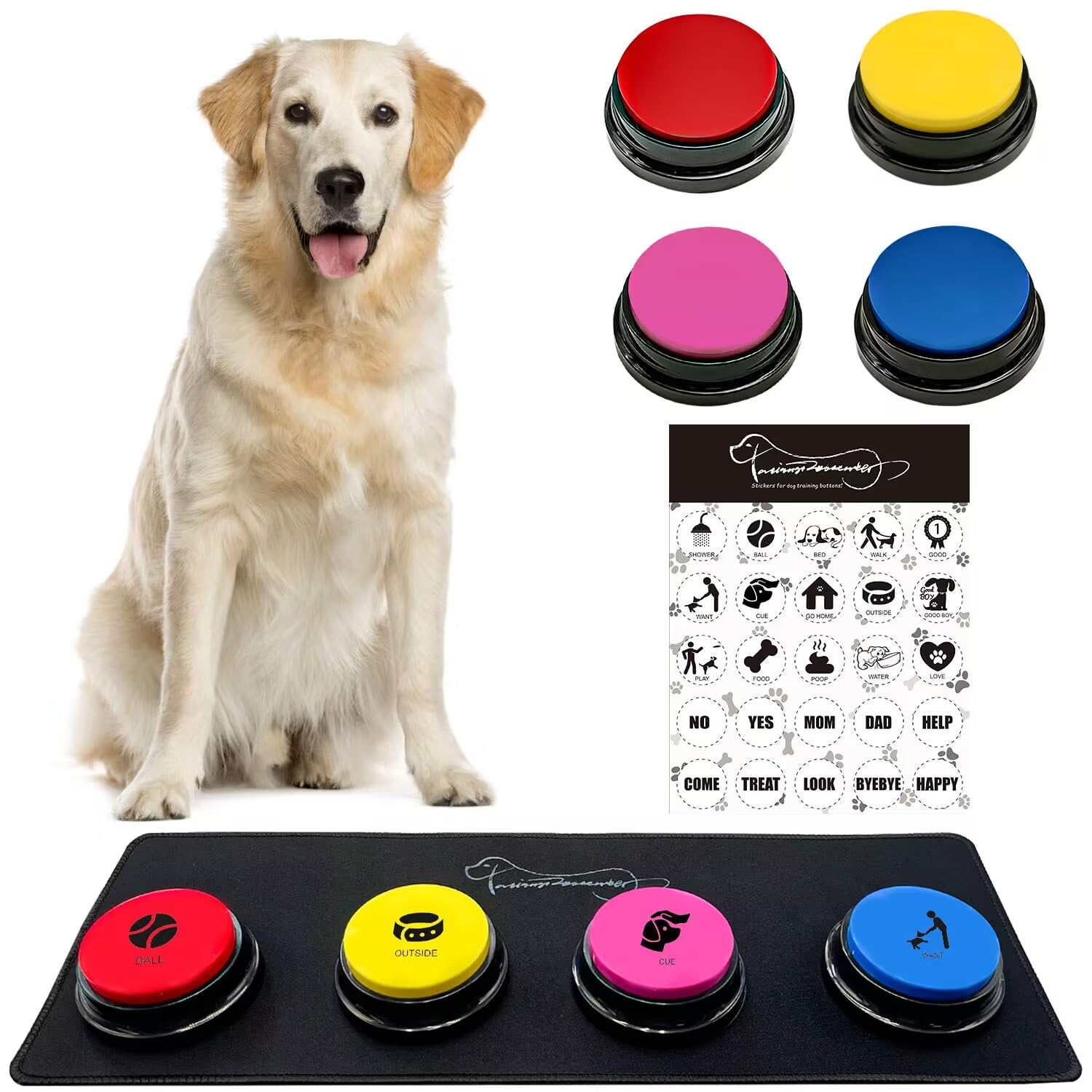 Ribosy 4 Recordable Buttons With Rubber Mat And 25 Stickers   Record And Playback Any Custom Message To Teach Your Dog Voice Wha