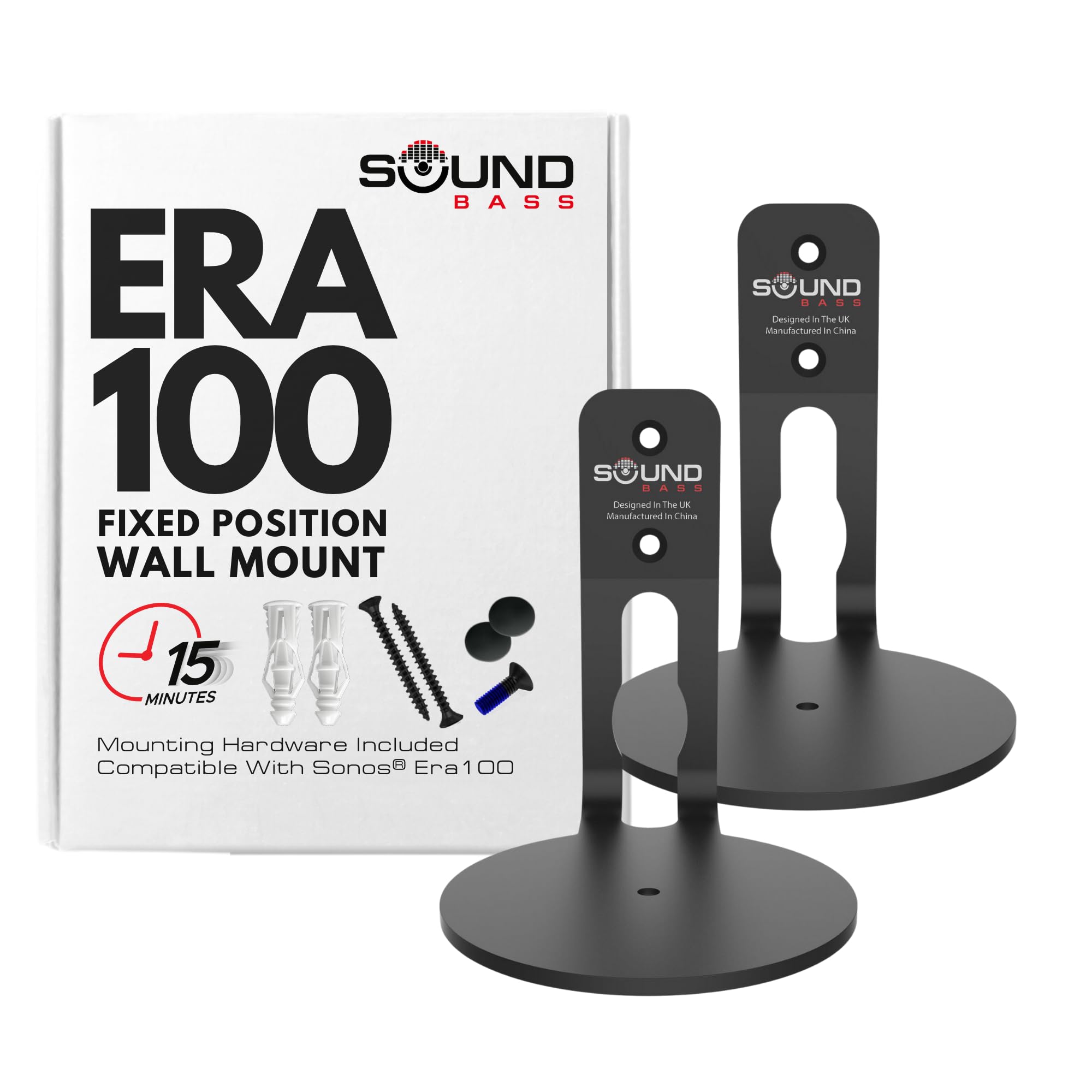 Era100 Wall Mount Bracket, Low Profile, Black, Twin Pack, Compatible With Sonos Era 100 Speaker, Complete With All Fixing Hardwa