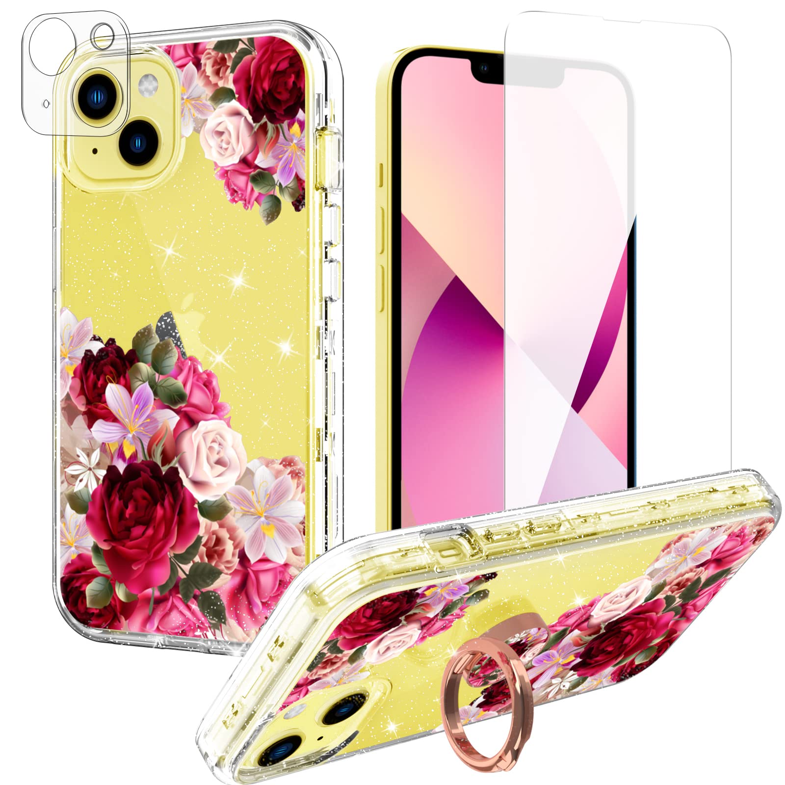 Acketbox For Iphone 14 Case With Screen Protector + Camera Lens Protector And Ring Bracket,Flower Pattern Design For Women And G