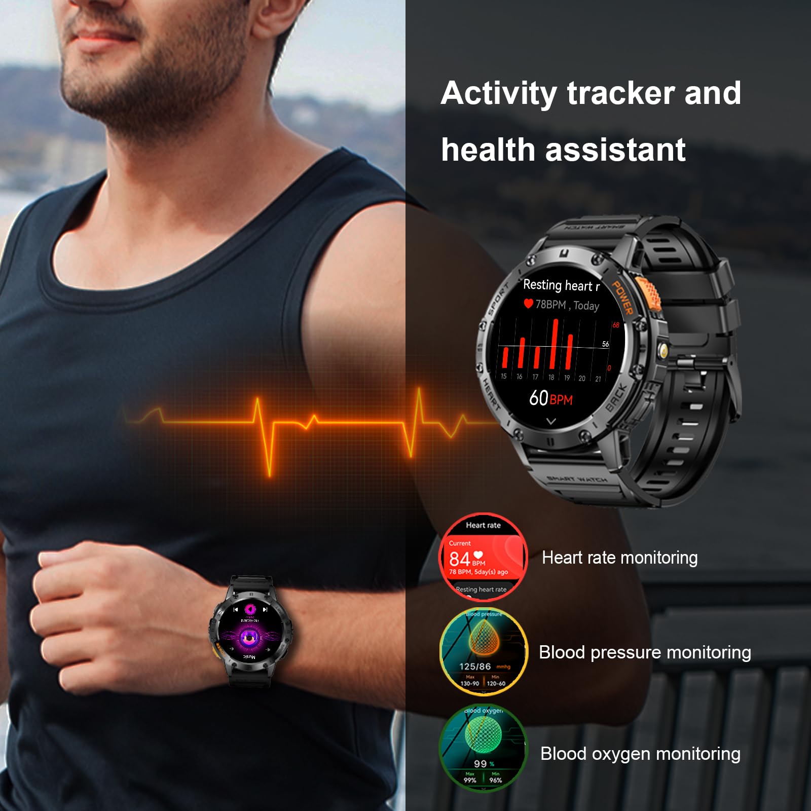 Tiwain Military Smart Watches For Men With Flashlight, 170+ Sport Modes 1.43  Amoled Screen, 530Mah Answer/Make Calls, Bluetooth
