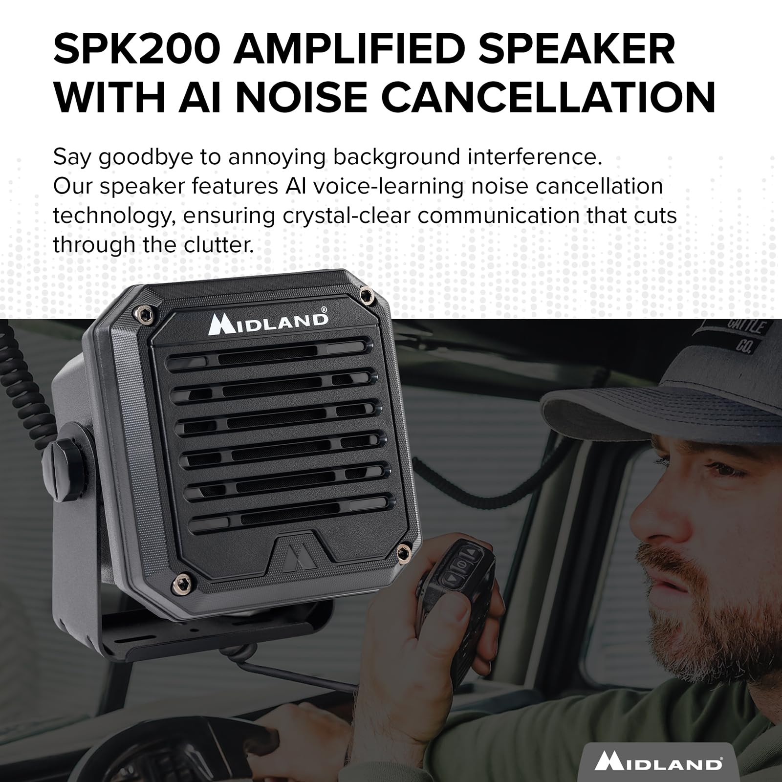 Midland Spk200   Amplified External Speaker With Ai Noise Cancellation, 20 Watts Of Power, 8 Ohms Dynamic Sound, Ip67 Waterproof (Ultimate)