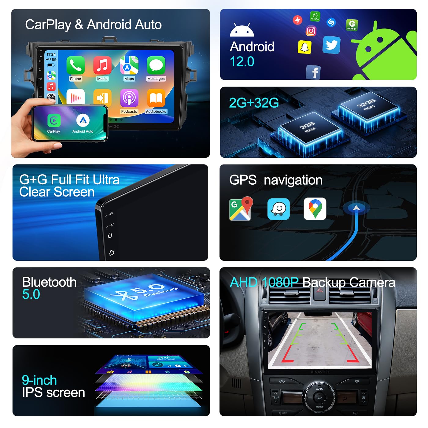 5G Wifi Android 12 Car Stereo For Toyota Corolla 2008 2009 2010 2011 2012, 9 Inch Ips Hd Touch Screen Car Radio Wireless Carplay