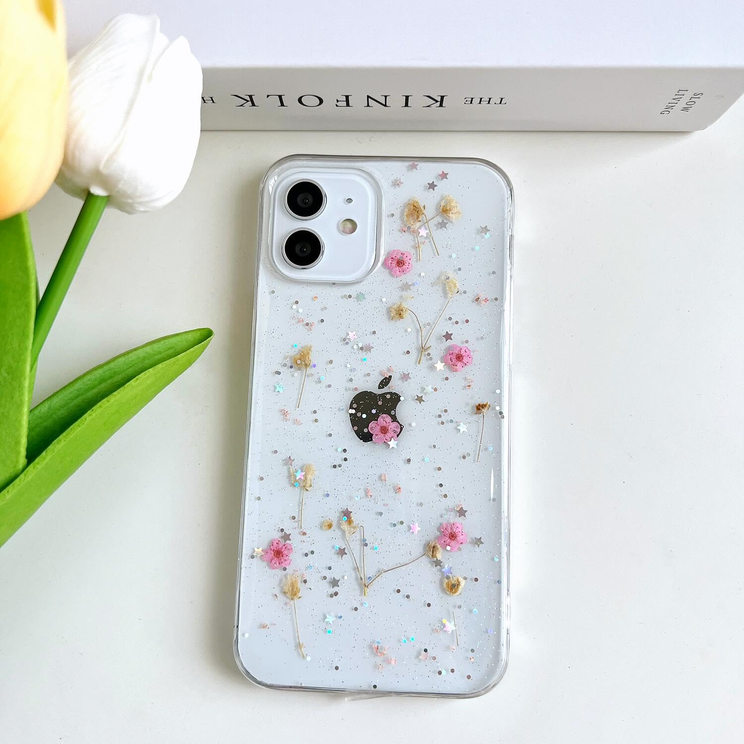 Lseeka For Iphone 12/ Iphone 12 Pro Clear Case With Pressed Real Flowers Design,Glitter Cute Pink Floral Pattern Slim Soft Tpu P