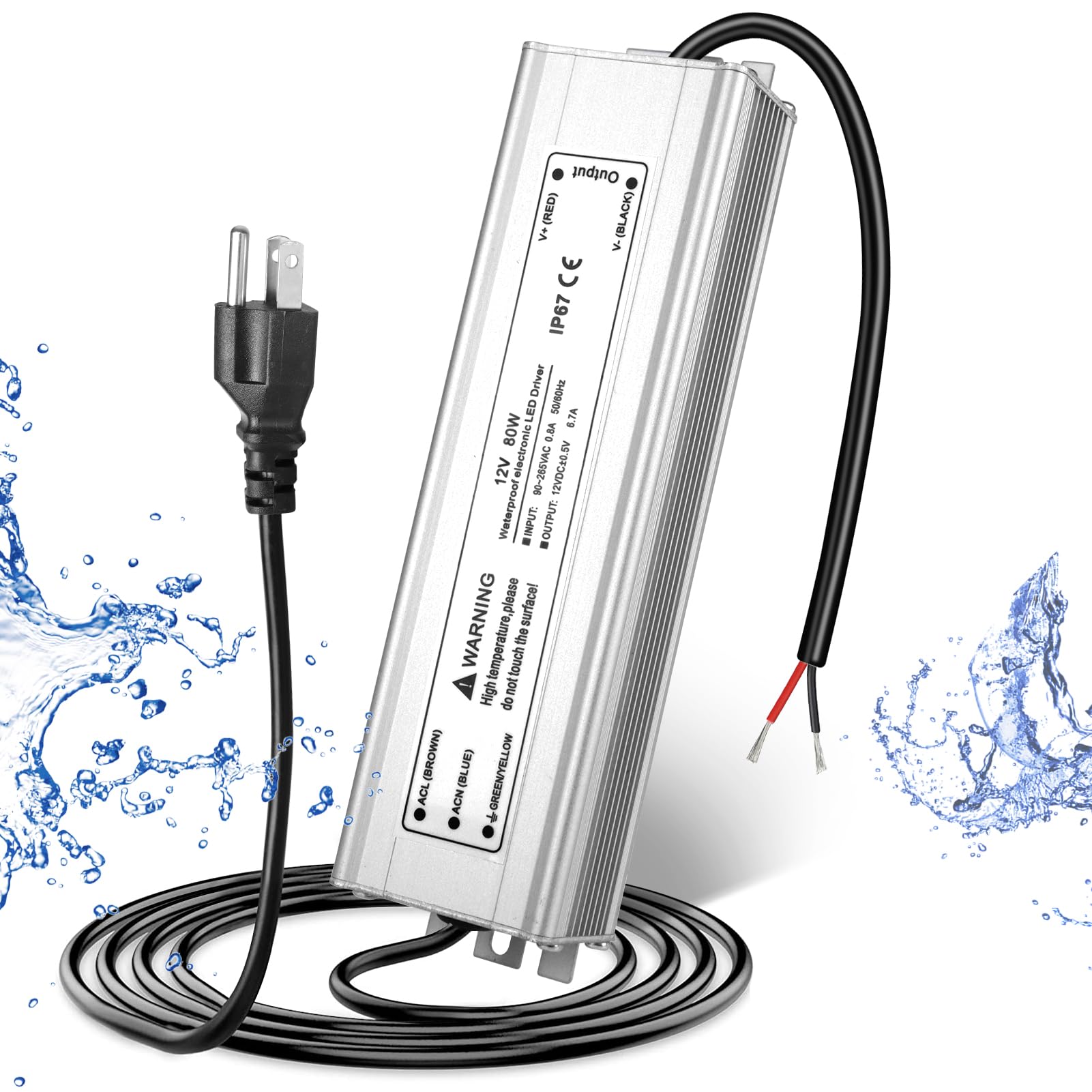 Led Driver 12V 80W, Waterproof Ip67 Led Power Supply, Ac 110V To Dc 24 Volt Low Voltage Transformer With 3 Prong Plug 3.3 Feet C