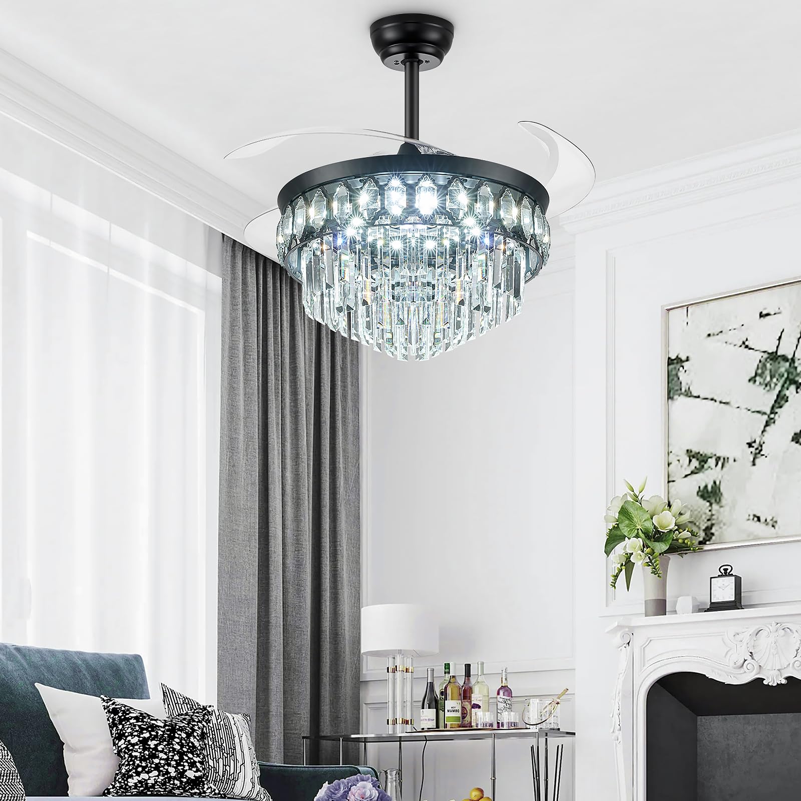 Fidgra 42'' Fandelier Ceiling Fan With Light, Retractable Ceiling Fan With Lights Chandelier Fan For Bedroom, Living Room, Led D