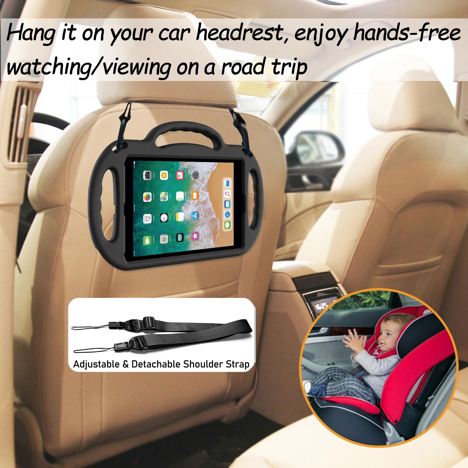 Ltrop Kids Case For Ipad 5Th/6Th Generation (2017/2018) & Air 2, Shoulder Strap Handle Stand Shockproof Bumper Cute Kid Case For