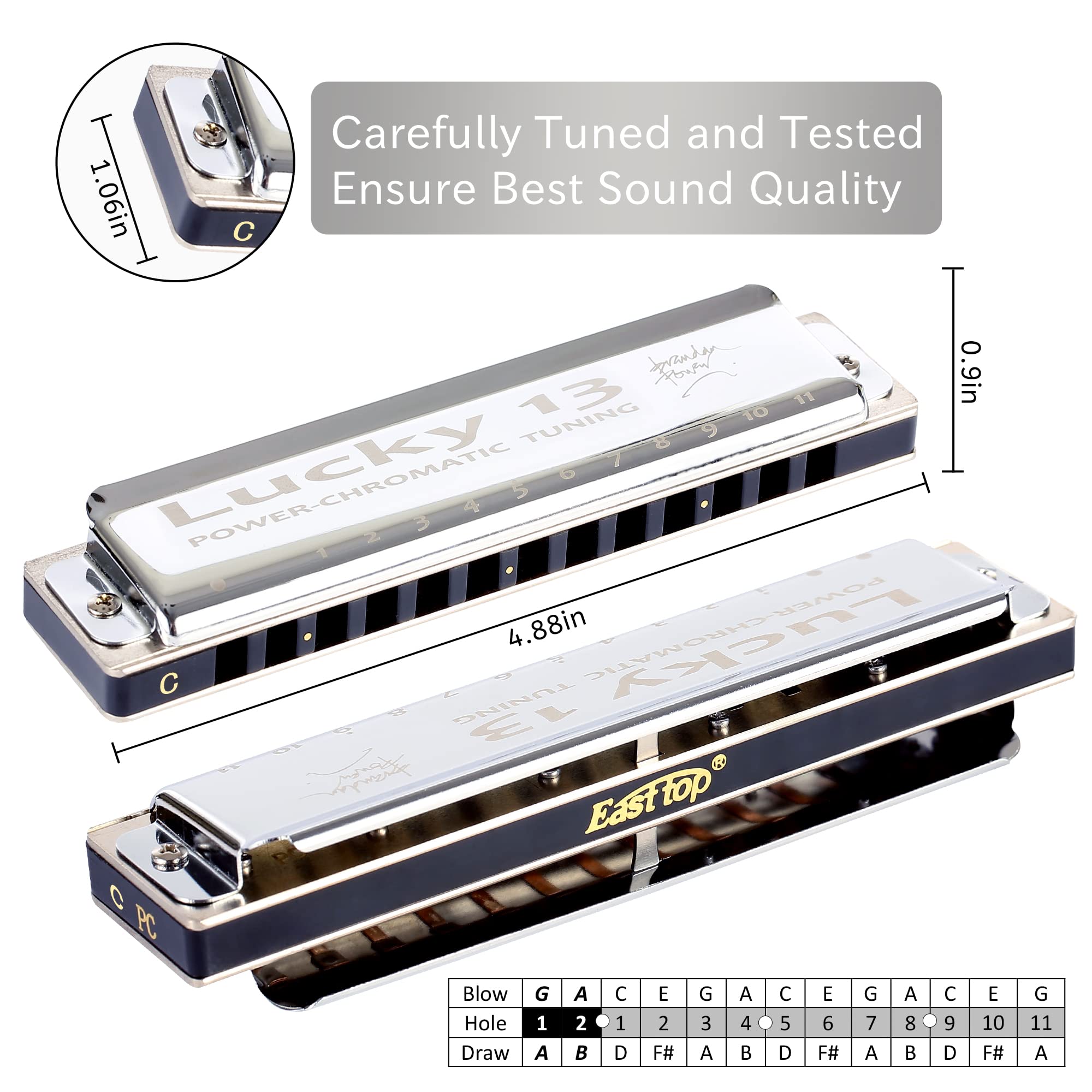 East Top Lucky 13 Bass Plus Blues Harmonica 13 Holes Diatonic Harp Mouth Organ Professional Musical Instruments Powerchromatic C