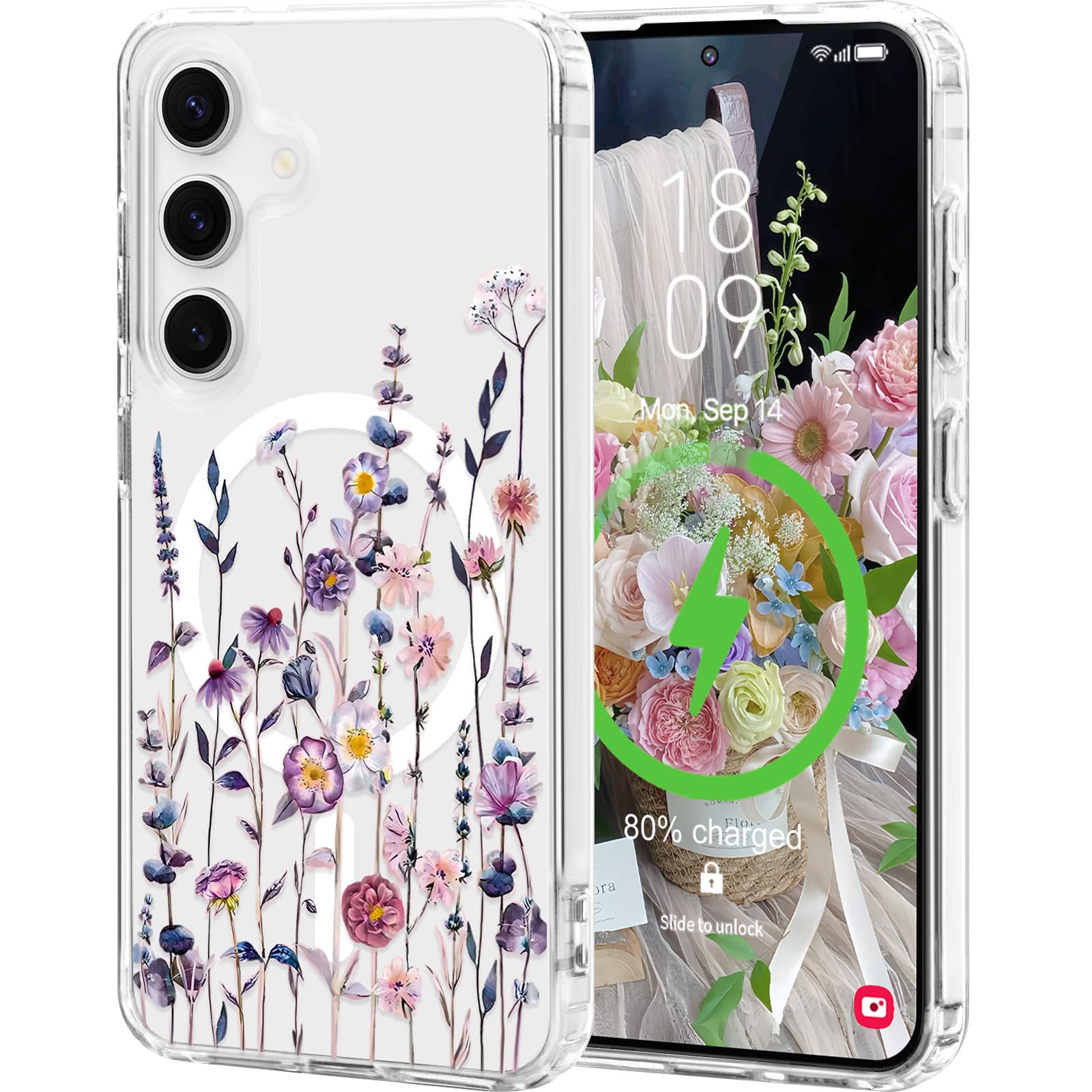 L-FADNUT for Samsung Galaxy S25/S24 Case Compatible with Magsafe Cute Flower Girls Women Clear Case Silicone Shockproof Protecti