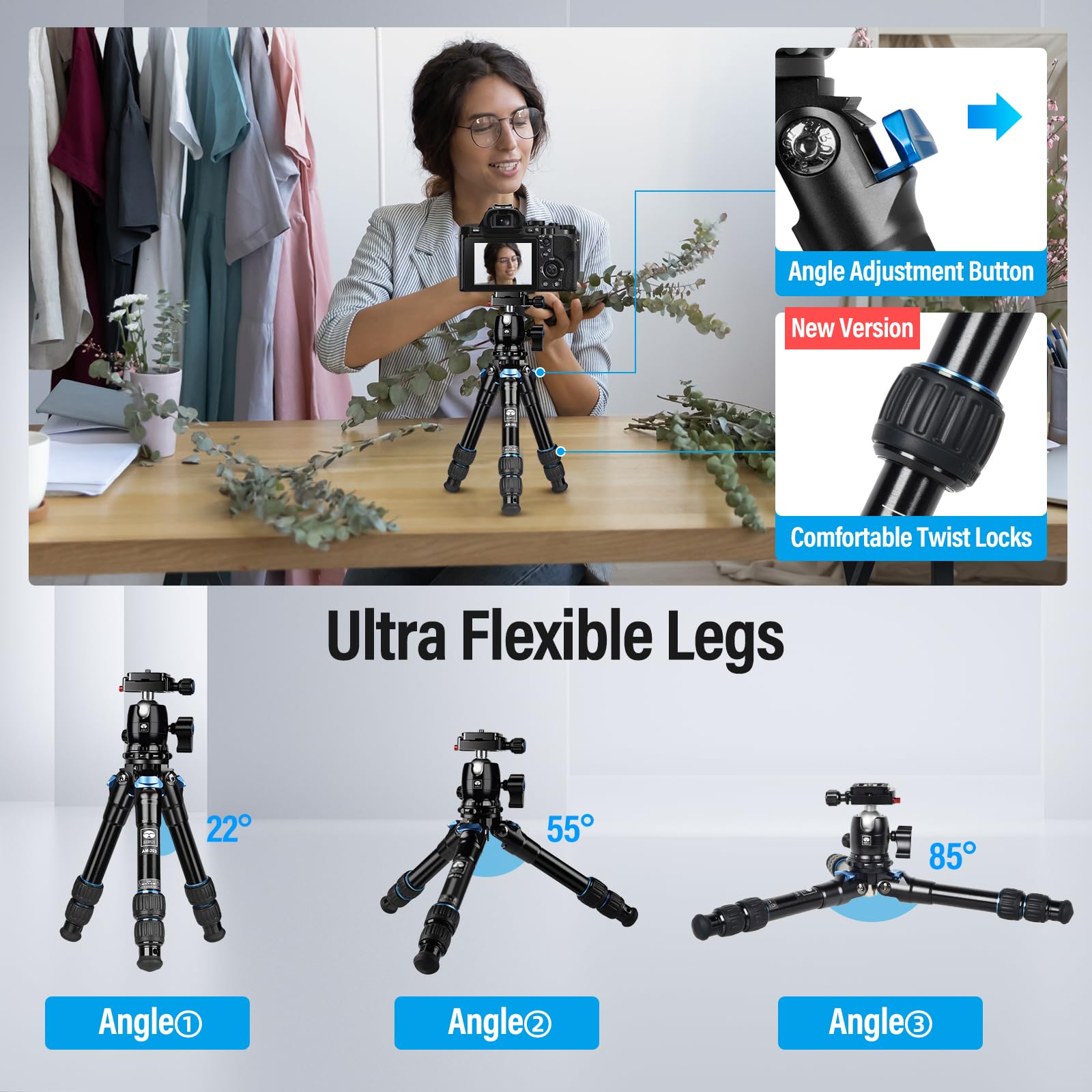 Sirui Am203 Mini Travel Tripod With 360 B00K Ball Head, Aluminum Tabletop Tripod For Camera, Max Load 33Lbs/15Kg, Folded Height