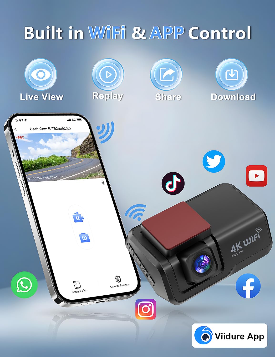 Dash Cam Front And Rear Camera, 4K+1080P Wifi Dual Dash Cam With App, 3 Ips Dash Camera For Cars With Free 64Gb Card, Otovoda Da