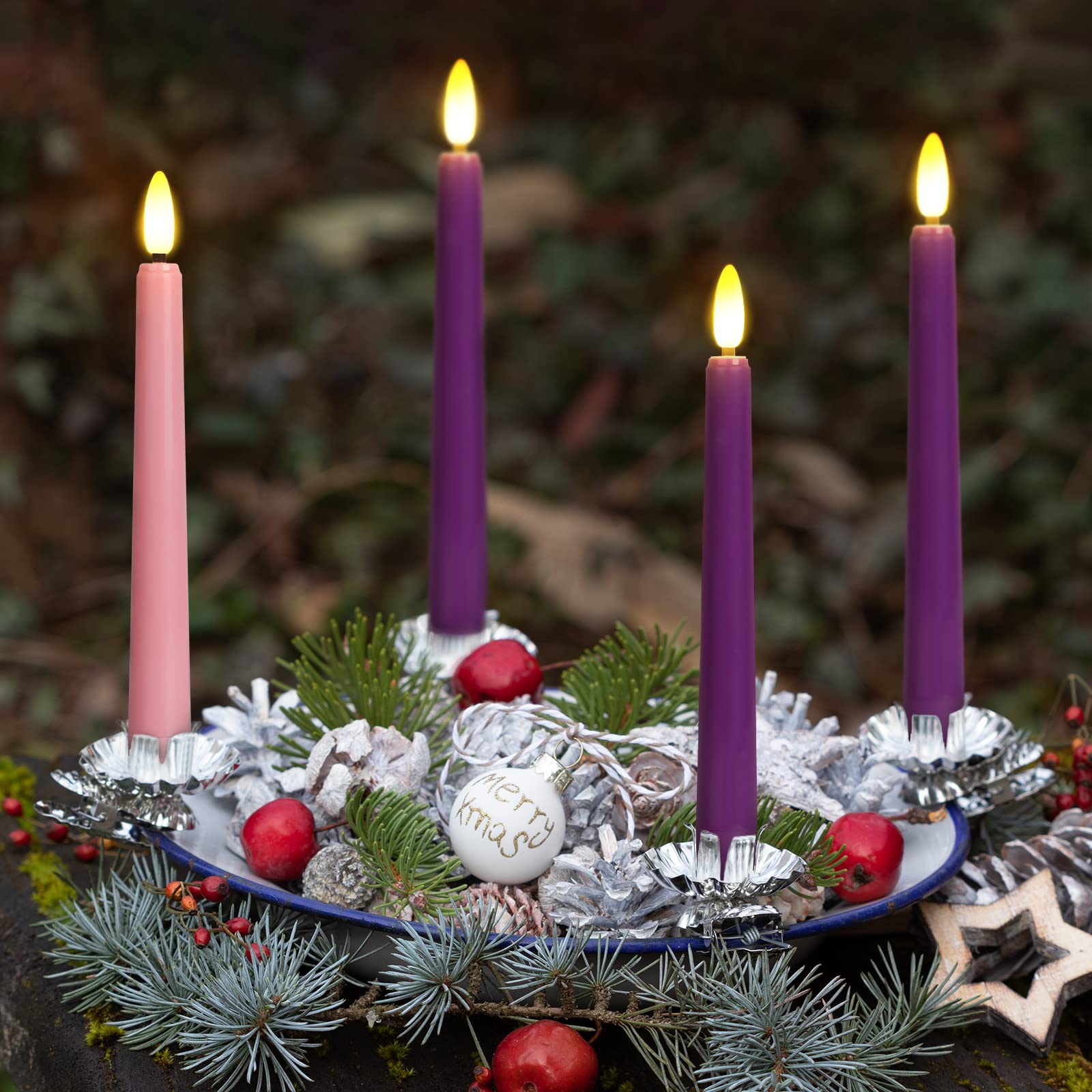 Daord 7.9'' Advent Taper Candles Set Of 4 Christmas Led Flameless Long Candle 3 Purple And 1 Pink For Advent Rituals Festival An
