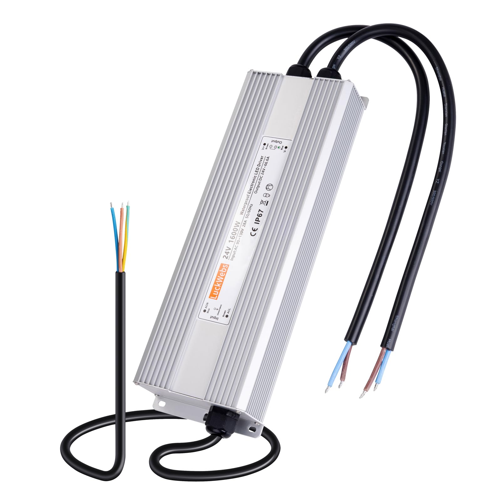 LuckWebs LED Driver 24V 1600W Waterproof Power Supply AC 90-130V to DC 24V66.6A Low-Voltage Transformer IP67 Switching Power Sup