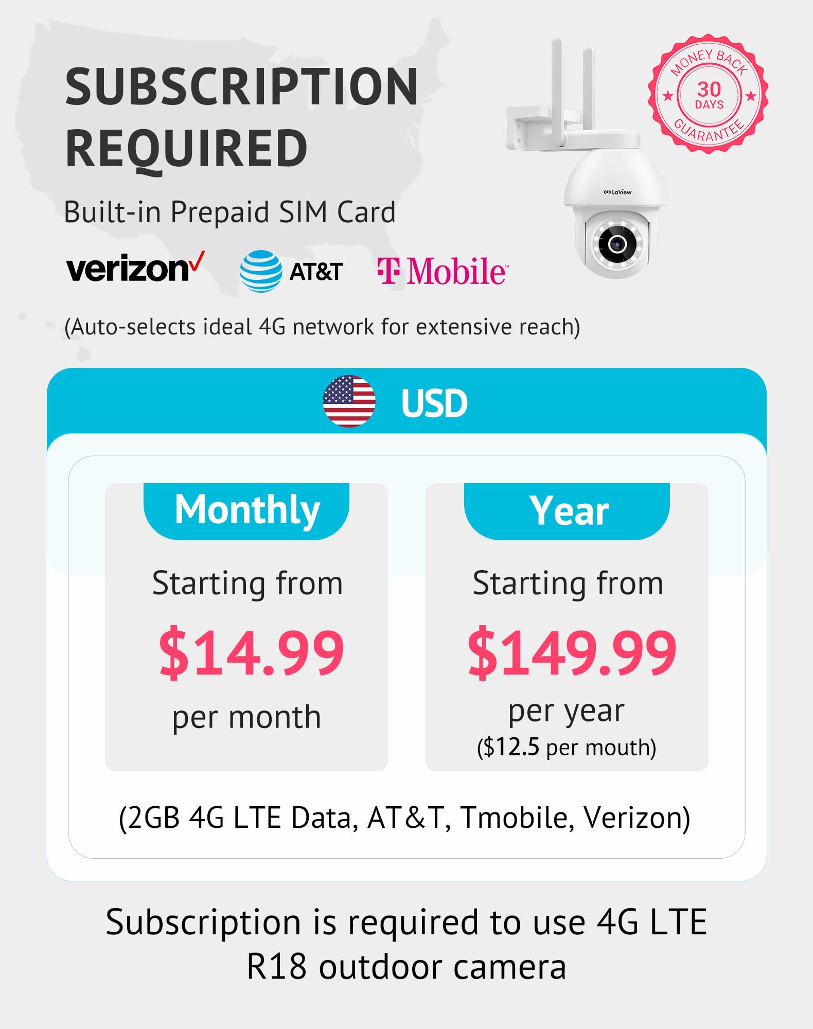 Laview 4Mp 4G Lte Cellular Security Camera Outdoor Wired Starlight Color Night Vision,2K Cameras For Home Security Ai Human Detection & Auto Tracking, Ip65 Outdoor Camera 2 Way Audio, Us Cloud