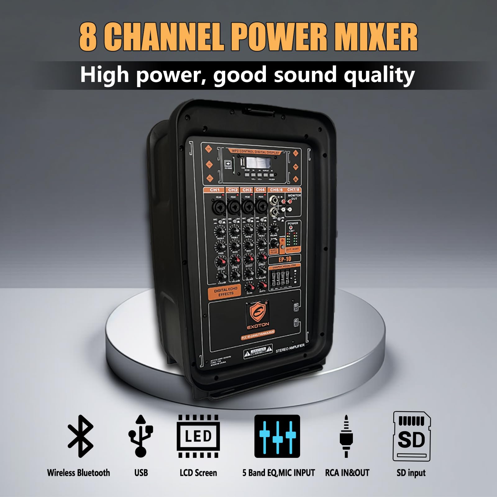 Exoton Exoton 10Inch Pa System With 8-Channel Mixer,Portable 600W Bluetooth Speakers,Usb/Sd/Fm/5-Band Eq, Includes 2 Speaker Sta