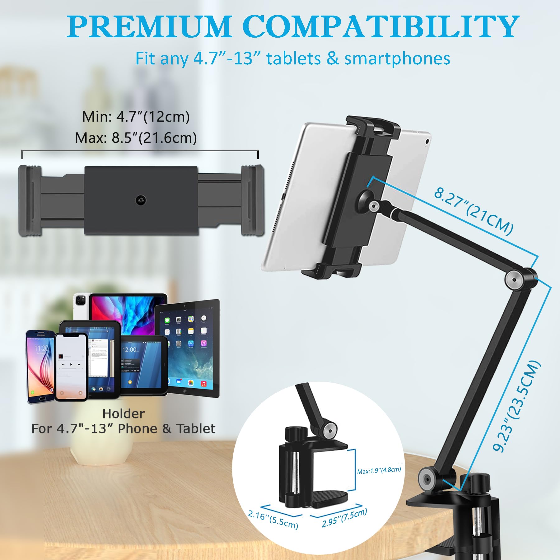 Nuezoo Ipad Stand Holder Mount, Aluminum Long Arm Tablet Clamp Mount For Desk, 360 Swivel Phone Holder For Bed, Compatible With