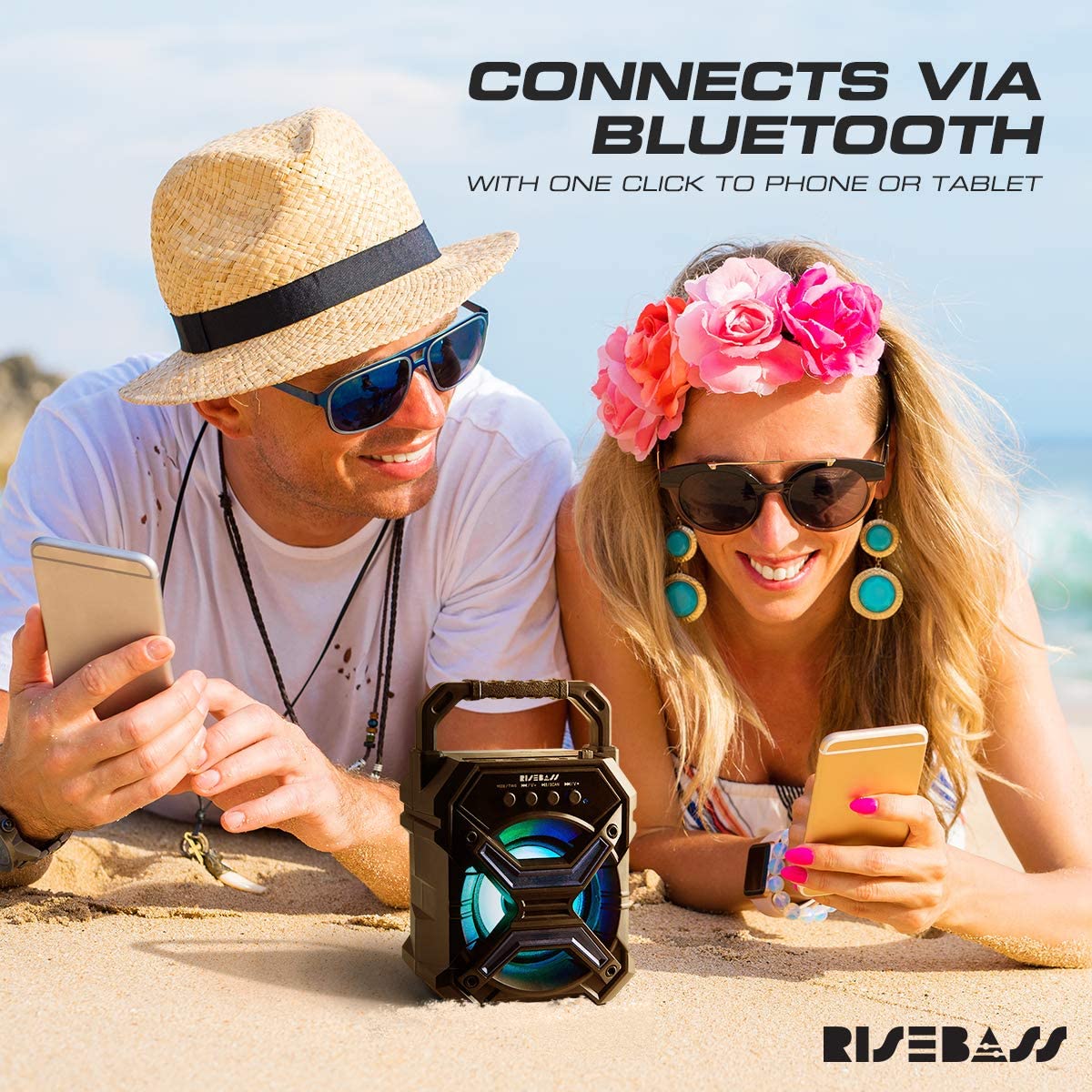 Risebass Portable Wireless Bluetooth Speaker For Iphone, Android, Ipod And More   Rechargeable Bluetooth Speaker For Kids & Adults   Mini Speaker With Party Lights For Hiking, Picnic