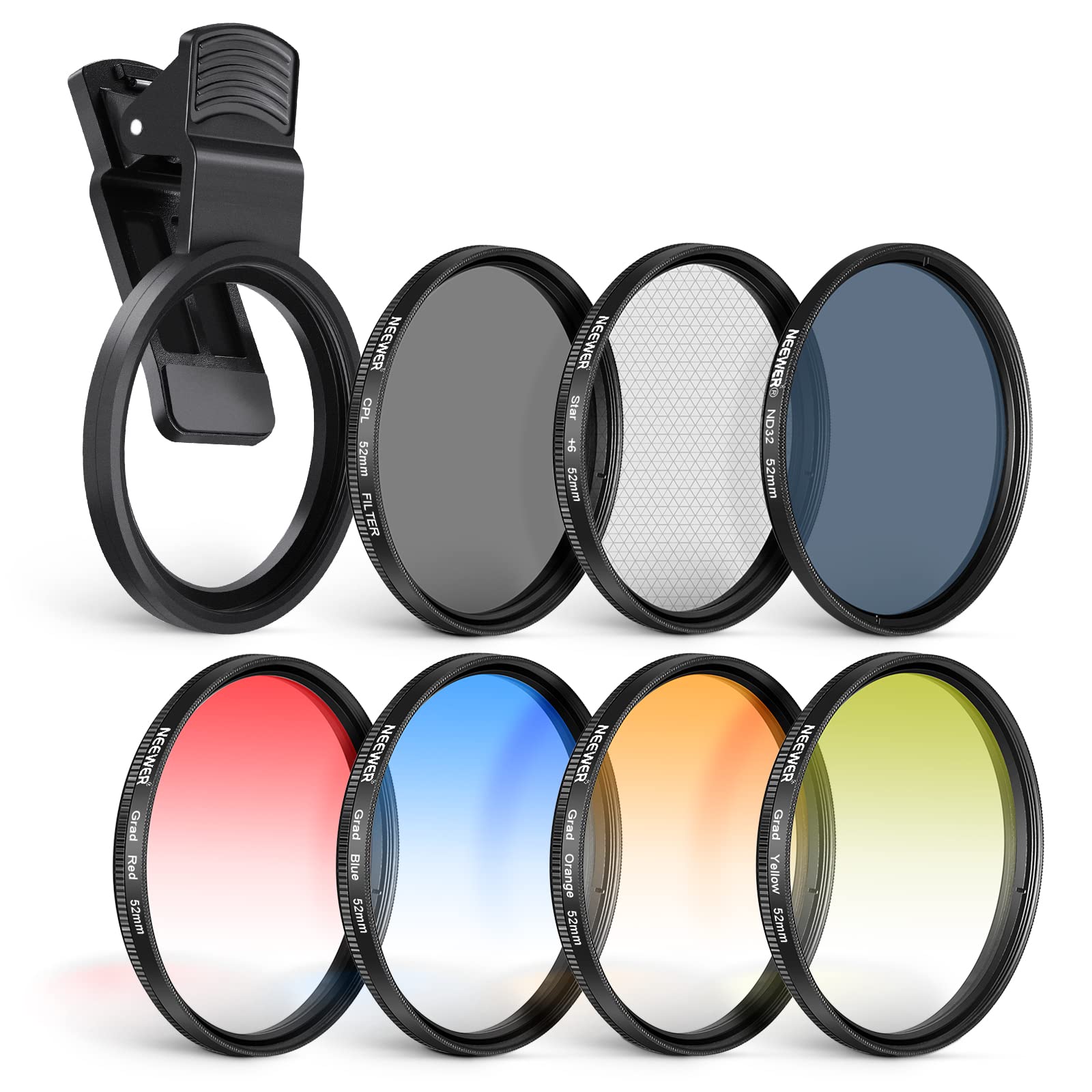 Neewer 52 Mm Nd+Cpl + Effect Filter Set With Mobile Phone Lens Clamp, Polarising Filter Nd32, 6 Point Star Filter, 4 Graduated C