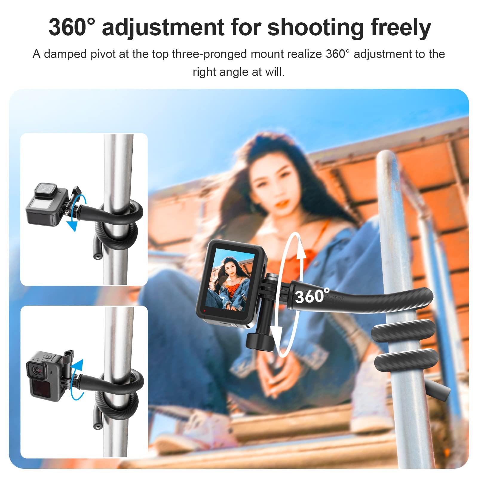 Reygeak Flexible Camera Mount Clamp Tripod Stand Stick Pole For Go Pro Hero13/12/11/10/9 Insta 360 X4/X3 Dji Pocket 3/Action 5/4/3,Monkey Tail Mount Neck Holder Bike Motorcycle Tube Bar Attach.
