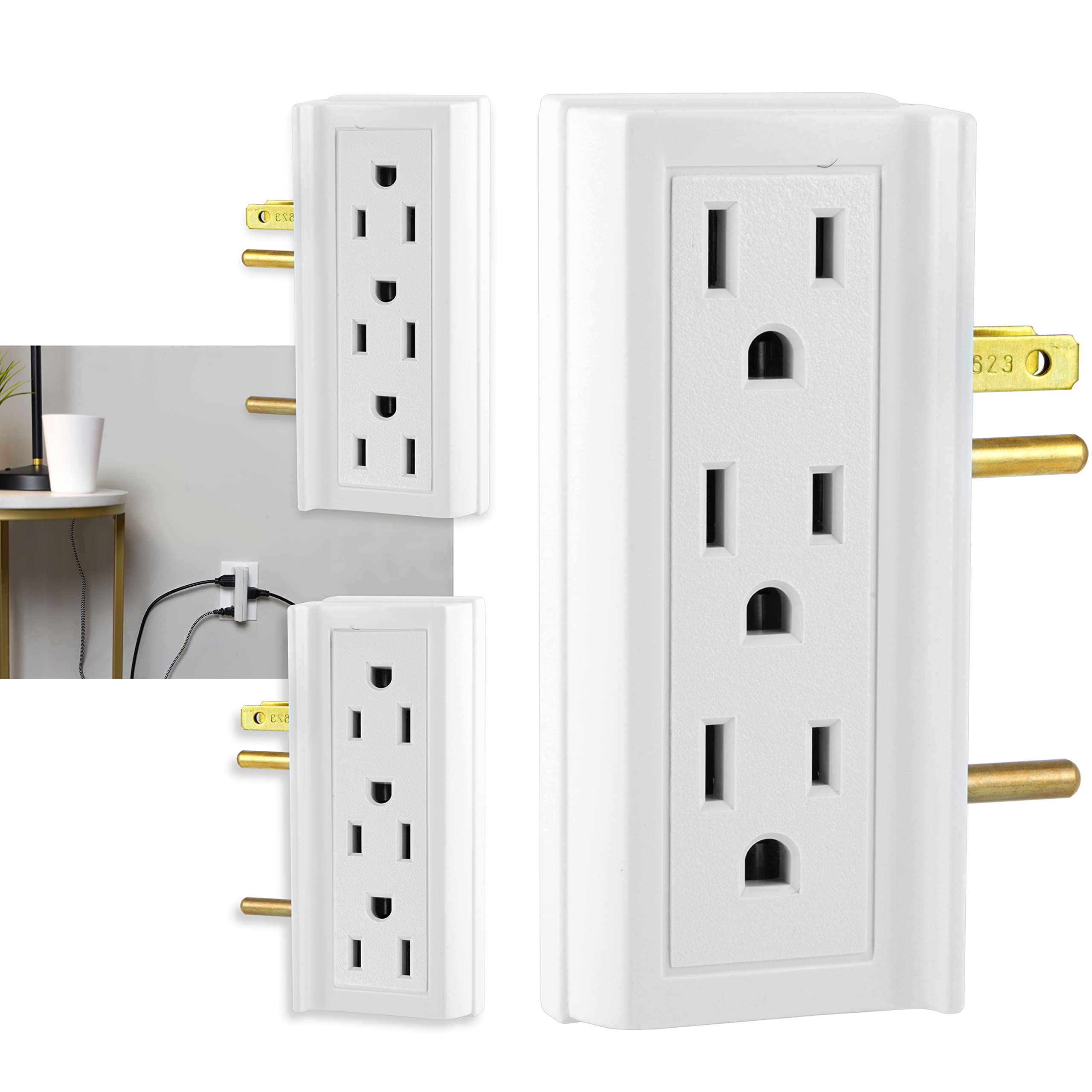 Ge 6 Outlet Extender, 3 Pack, Side Access Wall Tap, 3 Prong, Multiple Plug, Vertical Power Splitter, Cruise Essentials, Use For
