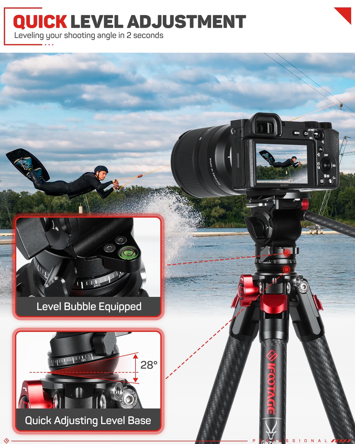 Ifootage Carbon Fiber Tripod Kit, 54.9'' Lightweight Compact Camera Tripod With Fluid Head, Portable Travel Photography Tripod K