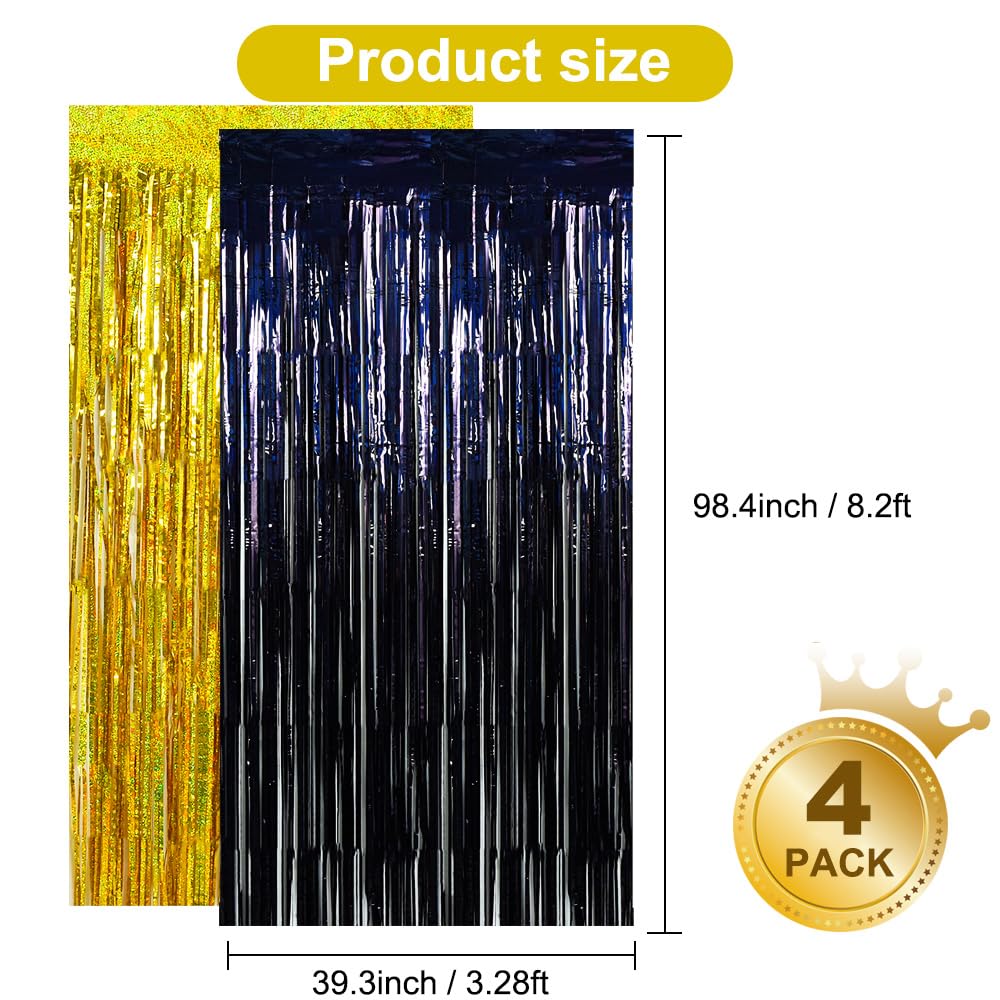 Beishida 4 Pcs Black And Gold Party Streamers Fringe Foil Curtain Backdrop Tinsel Background Party Decoration For Door Wall Grad