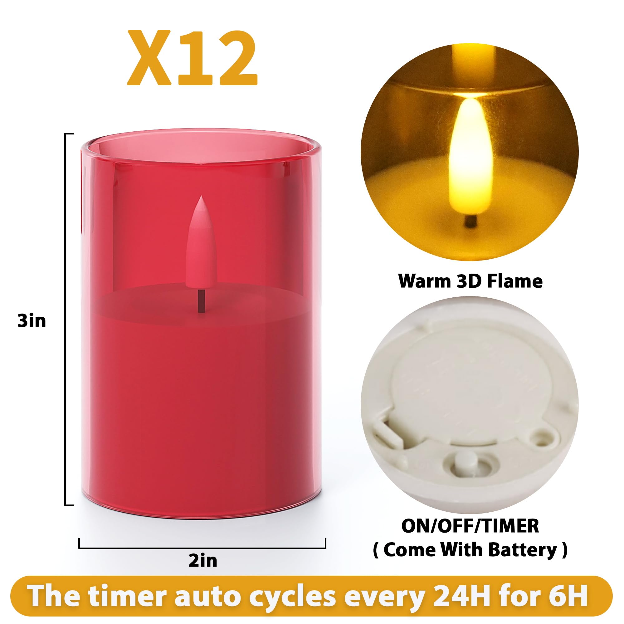 Viodaim 12Pack Flickering Flameless Led Candles With Timer, Battery Operated For Wedding Party Centerpieces [Red, 2''X3'']
