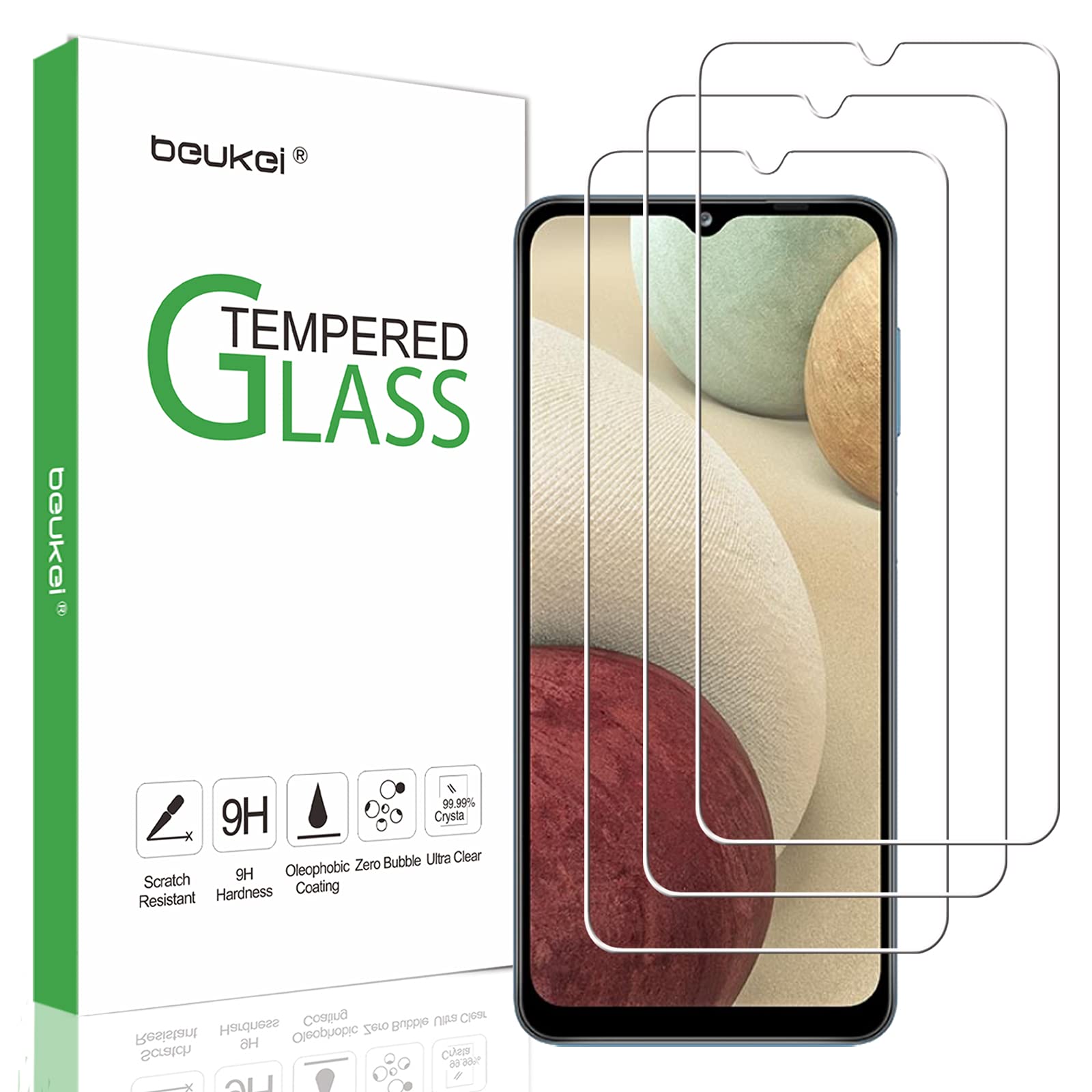 Beukei (3 Pack) Screen Protector For Samsung Galaxy A12 Screen Protector Tempered Glass, 6.5 Inch, 9H Hardness, Anti Scratch, Bubble Free