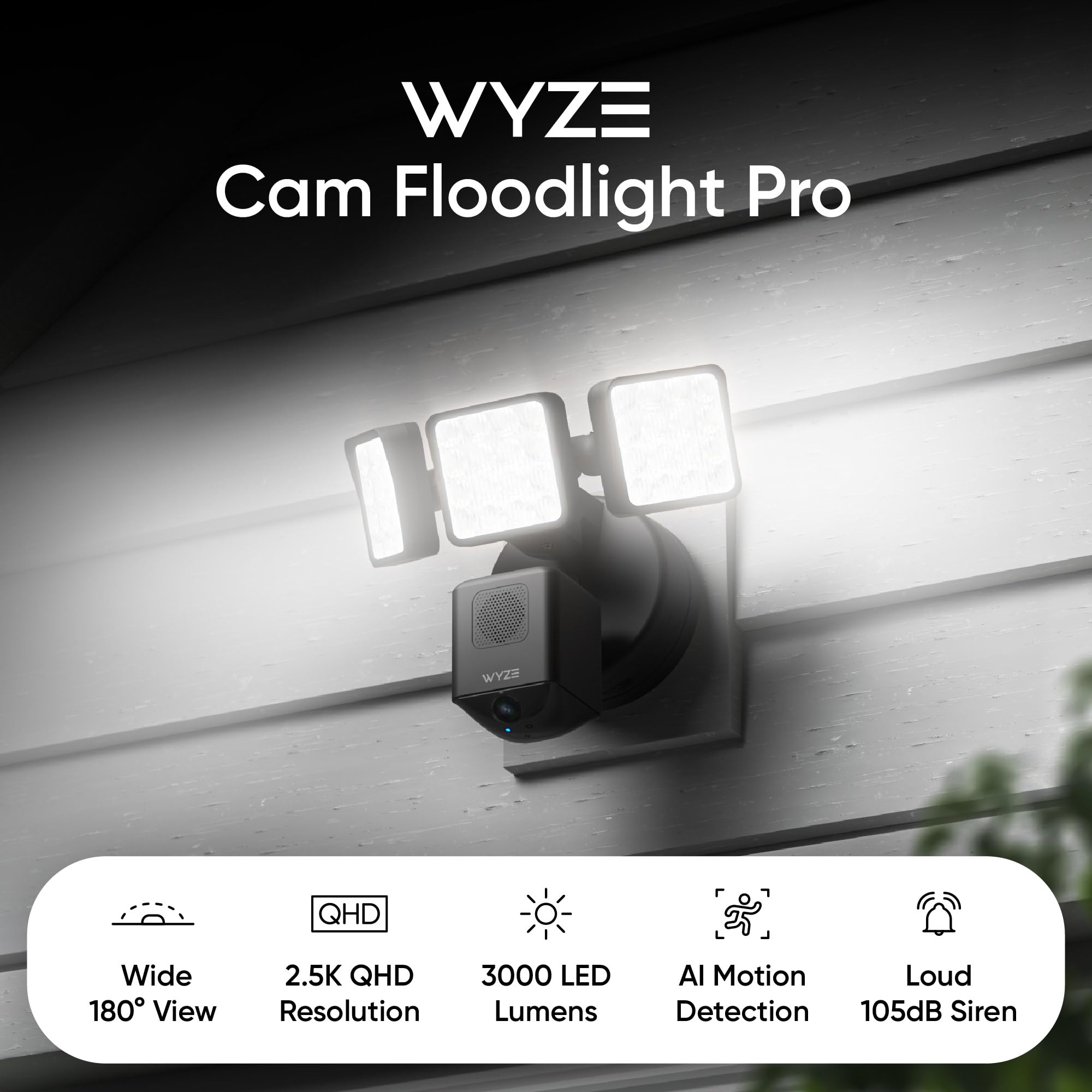 Wyze Floodlight Camera Pro, 3000 Lumen Leds, 180� Wide View, 2K Hd Outdoor Security Camera, Motion Detection, 105Db Siren, Cloud & Local Storage, Color Night Vision, For Home Surveillance, Wired