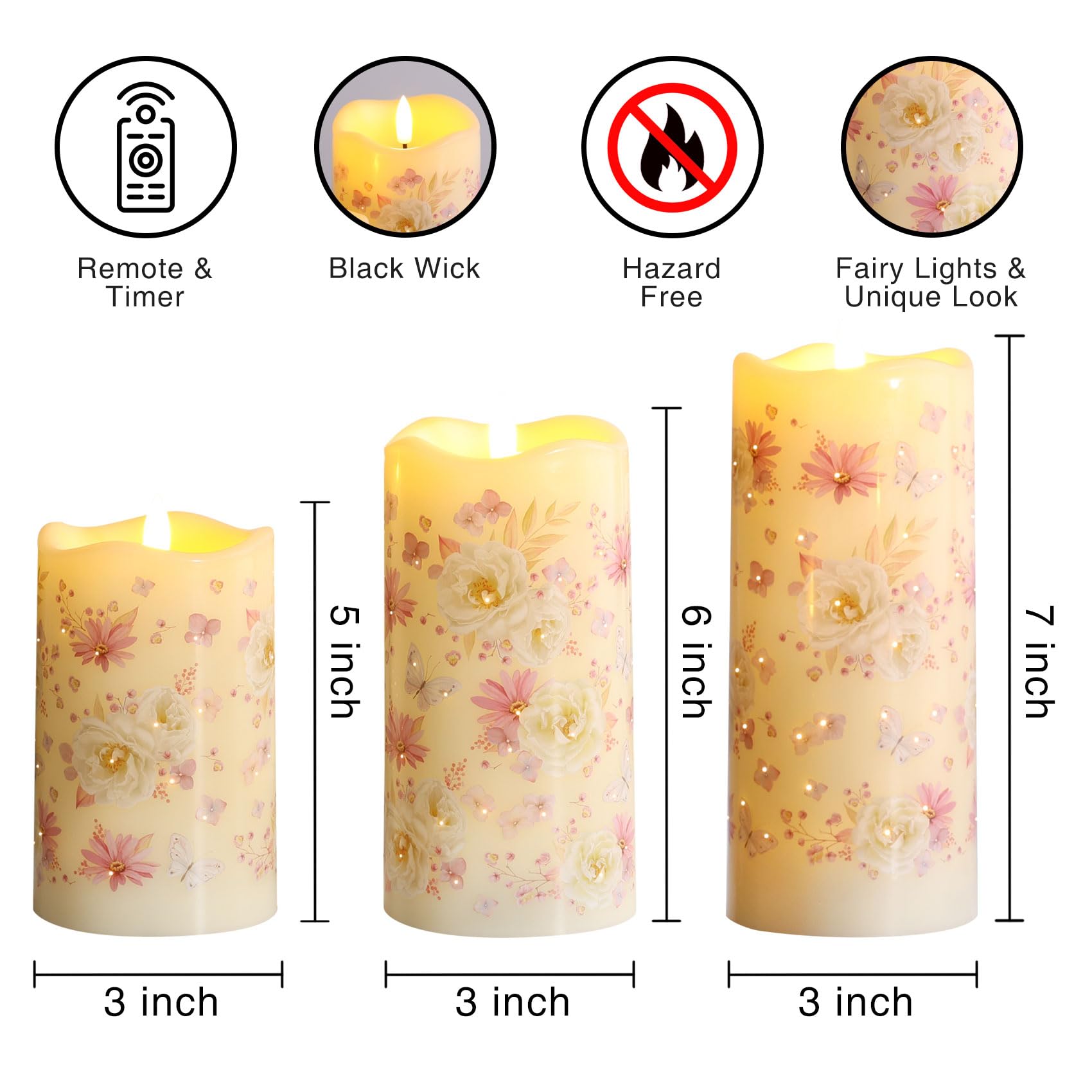 Eywamage Fiber Optic Flameless Candles With Remote, Floral Candles Battery Operated, Flickering Led Pillar Candles Set Of 3