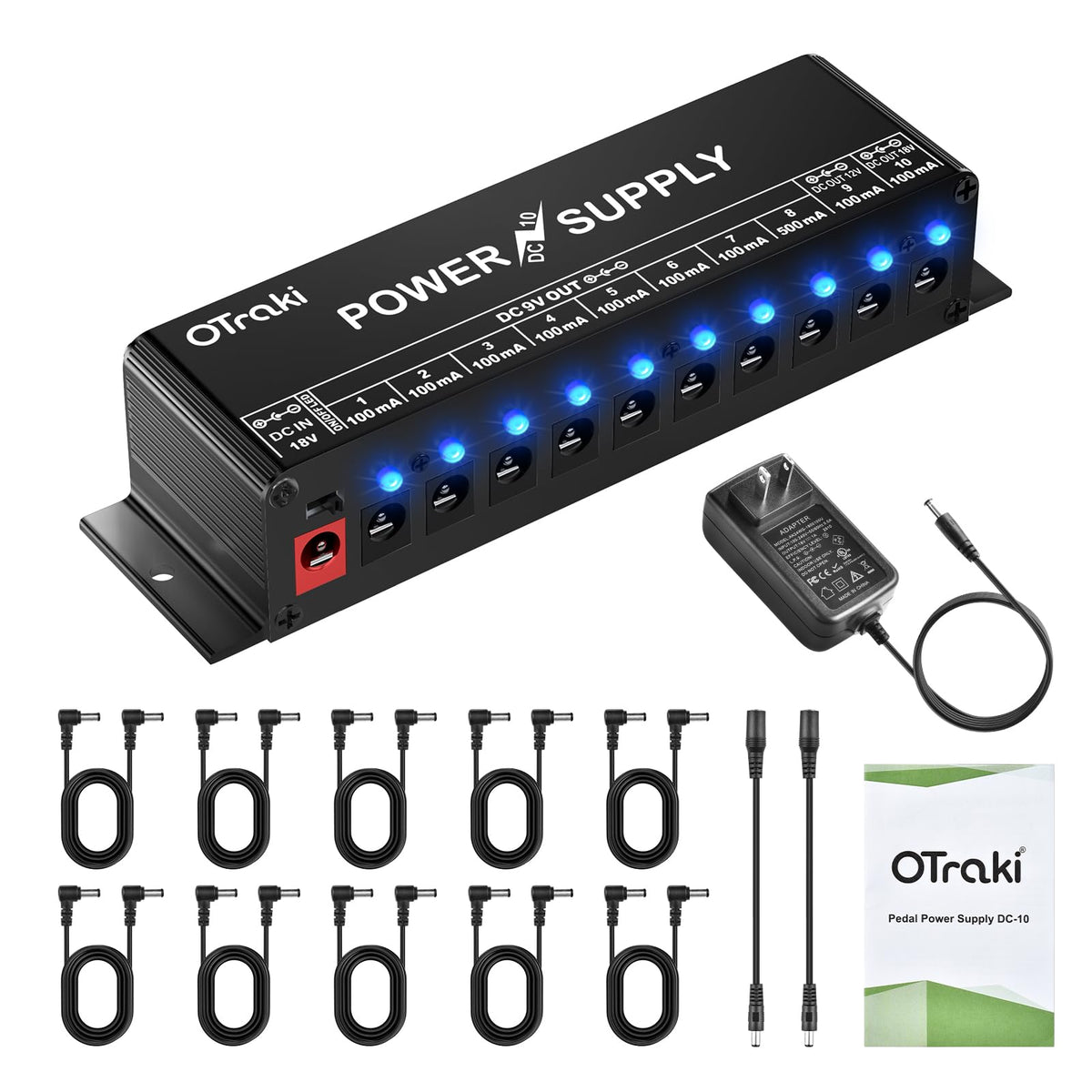Otraki Guitar Pedal Power Supply 10 Individual Dc Output Interfaces For 9V 12V 18V 100Ma 500Ma Black Effect Pedalboard Power Sup