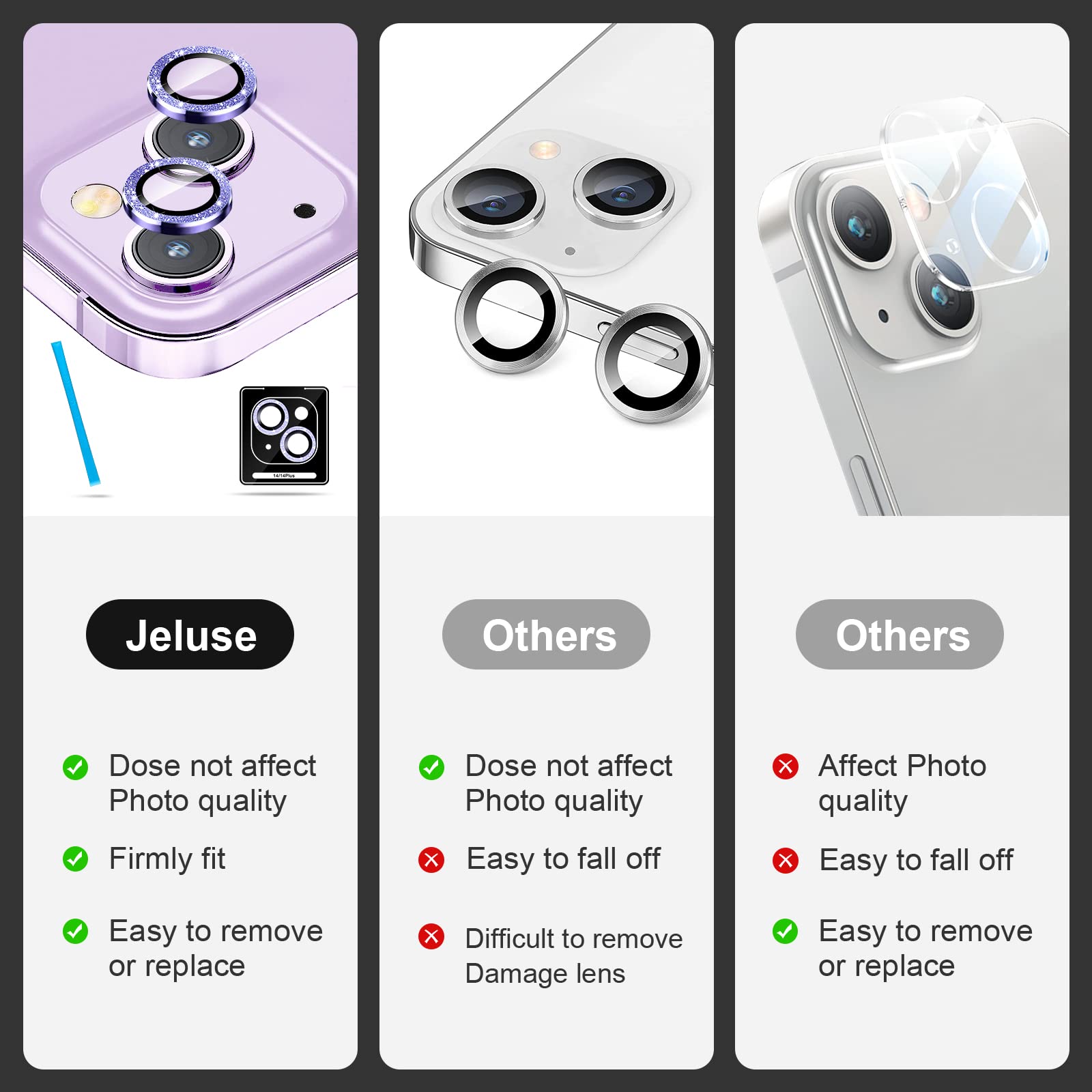 Jeluse 2X2 Pack Camera Lens Protector For Iphone 14 Plus For Iphone 14, 9H Tempered Glass Screen Protector Cover [Alignment Kit