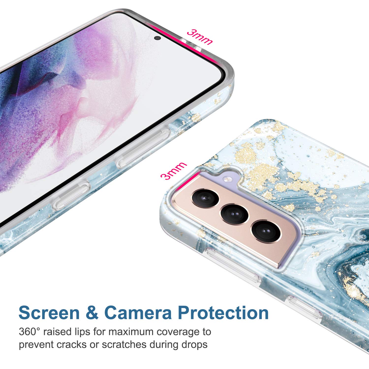 JIAXIUFEN Galaxy S21 Gold Sparkle Glitter Marble Slim Shockproof TPU Phone Case Blue 6.2 inch