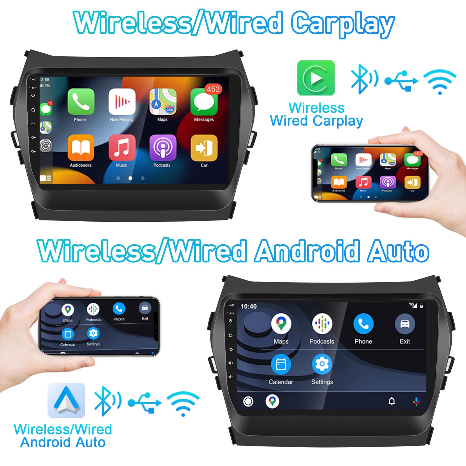 Roinvou [2G+64G] For Hyundai Santa Fe 2013 2017 Car Radio With Wireless Carplay/Android Auto, 9 Inch Android 13 Ips Touch Screen