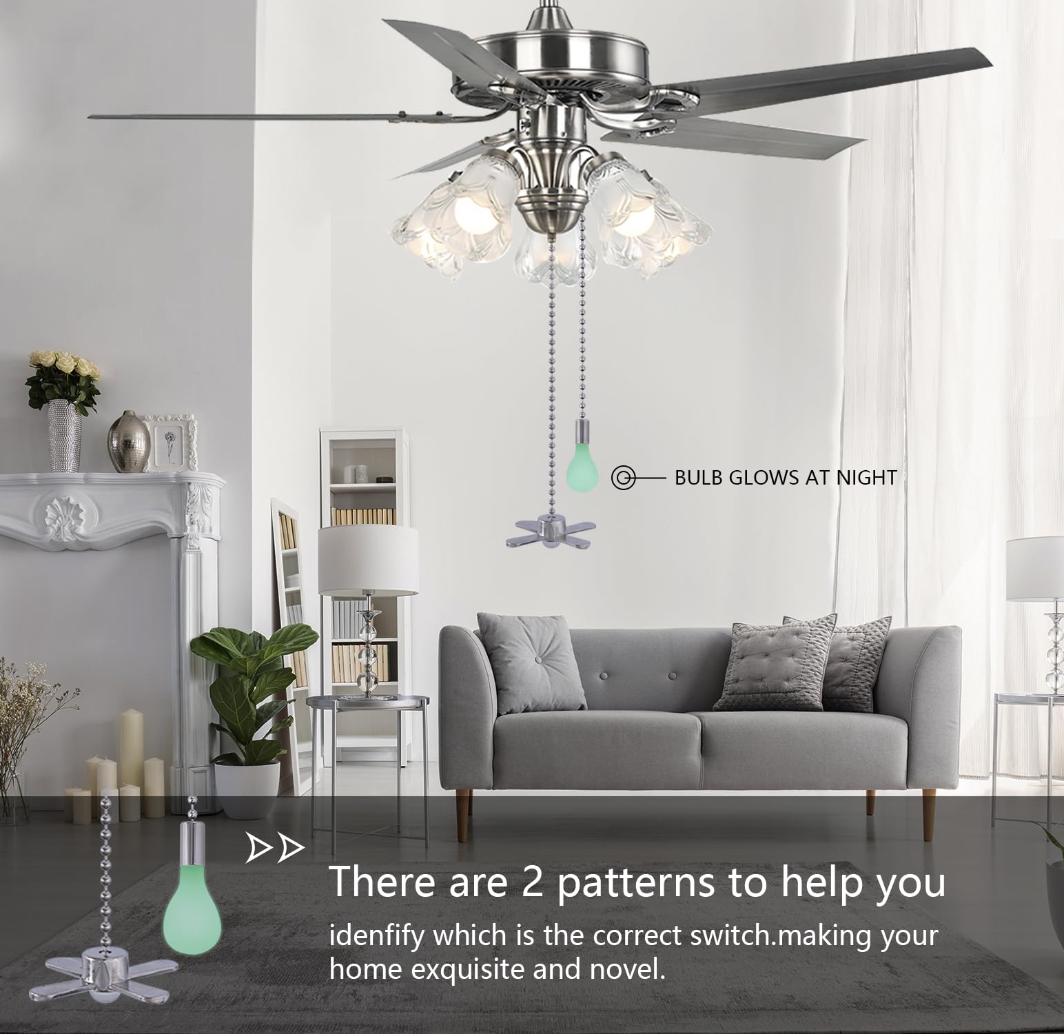 Dotlite Silver Ceiling Fan Pull Chain Set, 2Pack 3Mm Diameter Beaded Fluorescent Decorative Pendant Extension, 12In Lighting & F