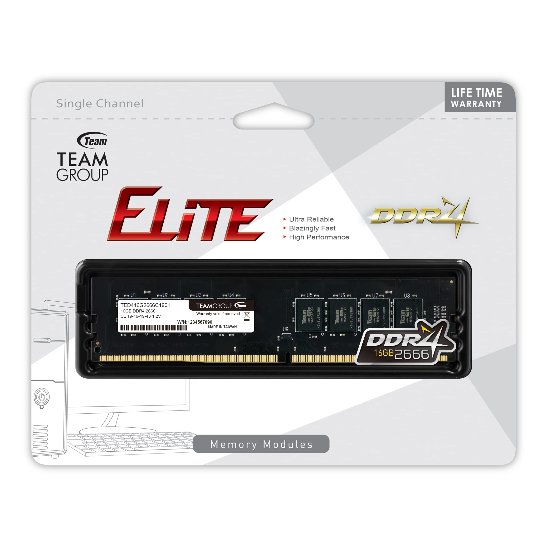 Teamgroup Elite Ddr4 16Gb Single 2666Mhz (Pc4 21300) Cl19 Unbuffered Non Ecc 1.2V Udimm 288 Pin Pc Computer Desktop Memory Modul
