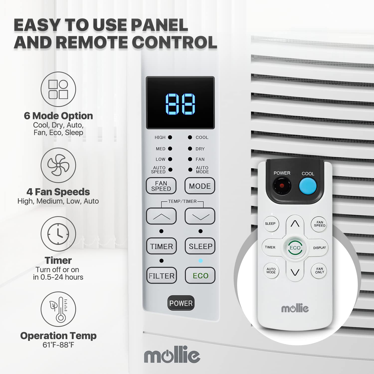 Mollie 6000 BTU Window Air Conditioner - White, Remote, Washable Filter, Cools 250 Sq Ft, Model A54-WAC-002-6K
