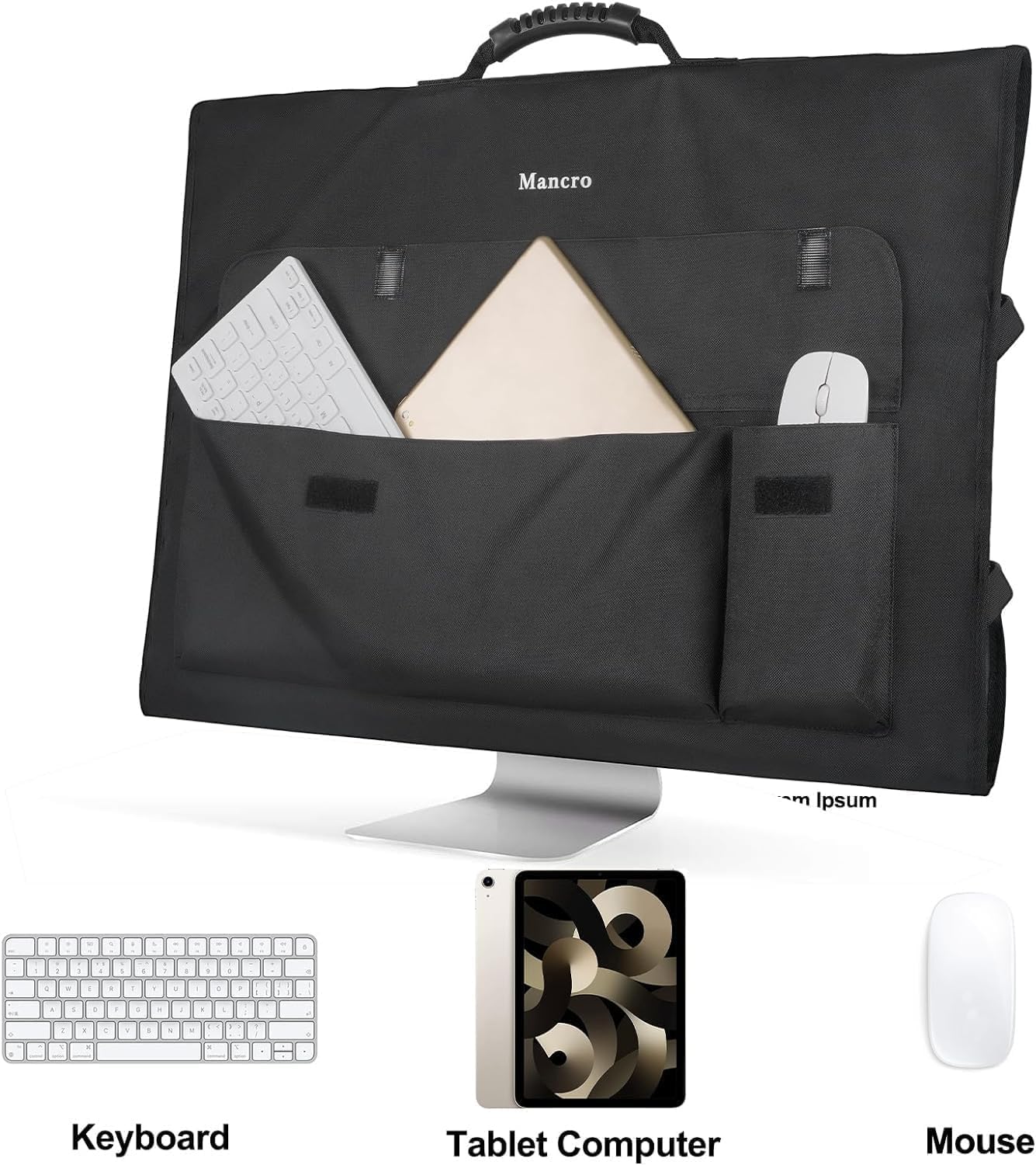Mancro Monitor Carrying Case Compatible With Apple 27' Imac Desktop Computer, Padded Travel Carrying Bag With Rubber Handle, Pockets For 27' Screen And Accessories, Protective Case Monitor Dust Cover