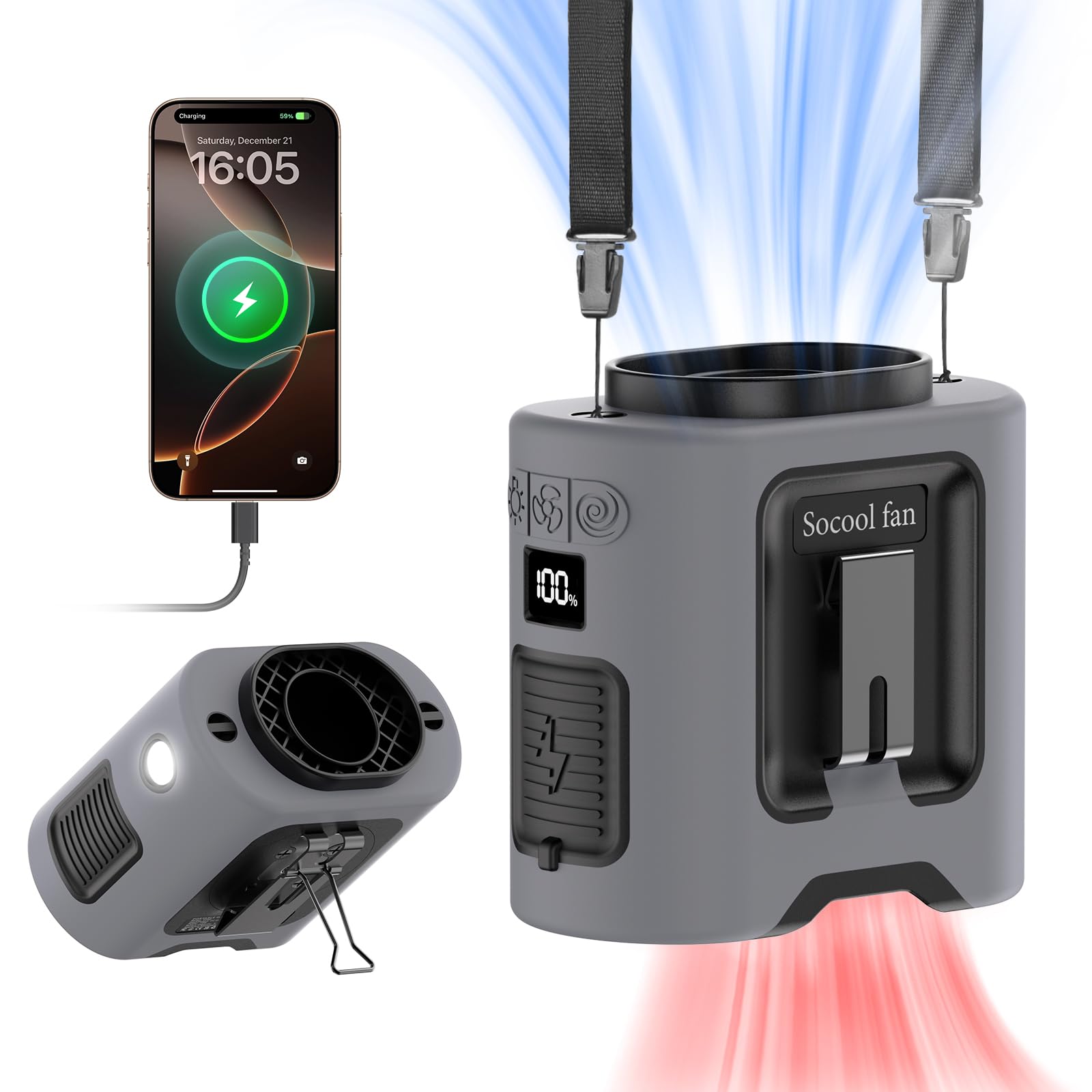 Socool 14500mAh Portable Waist Fan Clip on Belt 360 Rotation Wearable Rechargeable Personal Shirt Fan, 67H Cooling 5-Speed Batte