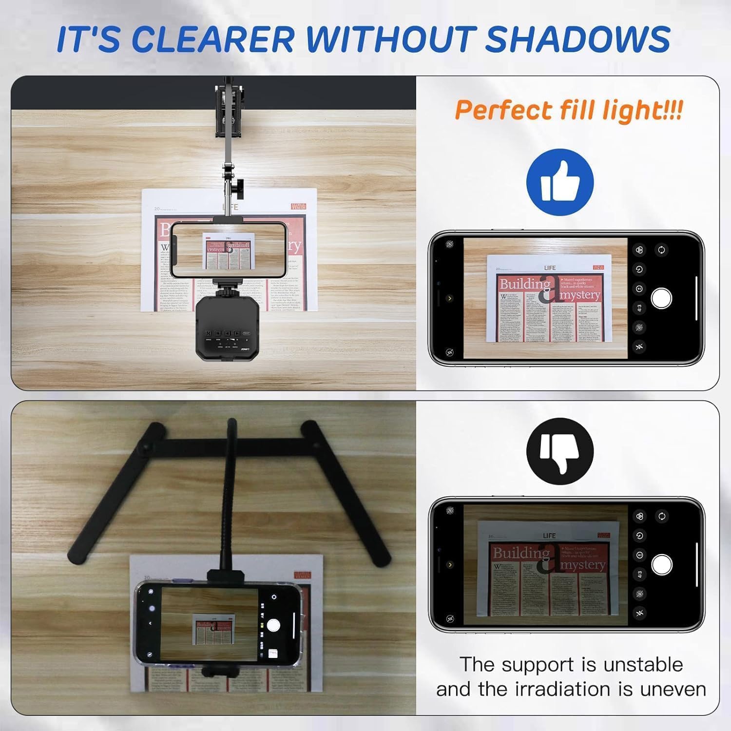 Overhead Phone Mount, Articulating Arm Cell Phone Holder With Led Light, Flexible Phone Stand For Live Streaming, Video Recordin