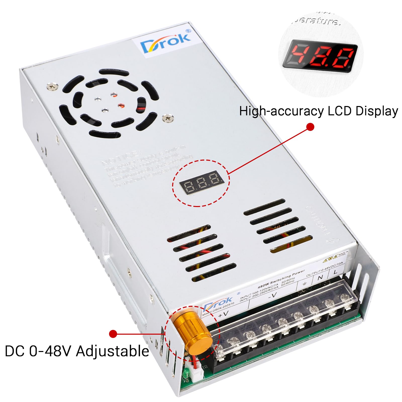 DROK 48V Power Supply, AC to DC Adjustable 10A 480W Converter for Lab CCTV, 5V-48V Voltage Transformer, Single Display Fix Current