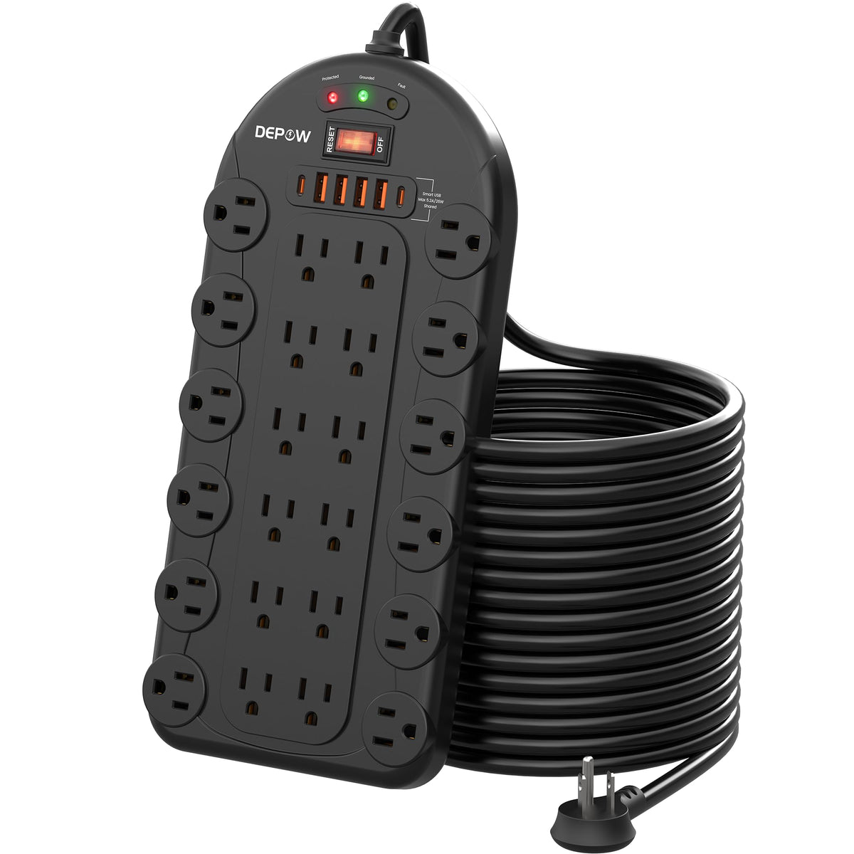 15Ft Power Strip Surge Protector (3,400 Joules), Depow 24 Ac Multiple Outlets (1875W/15A) With 6 Usbs (2 Usb C Ports), Etl Liste