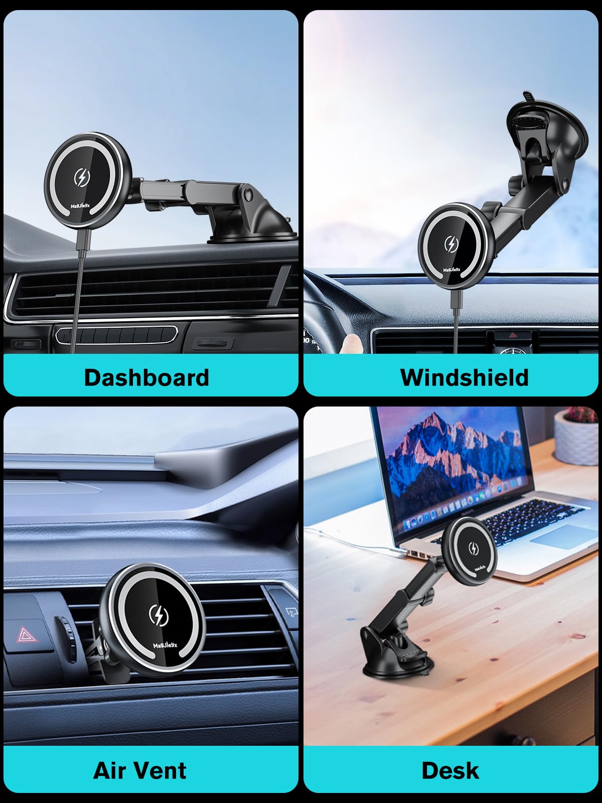 Magjieyx For Magnetic Magsafe Car Mount Charger, Wireless Car Charger With Fast Max 36W Qc3.0Charging Adapter Retractable Phone