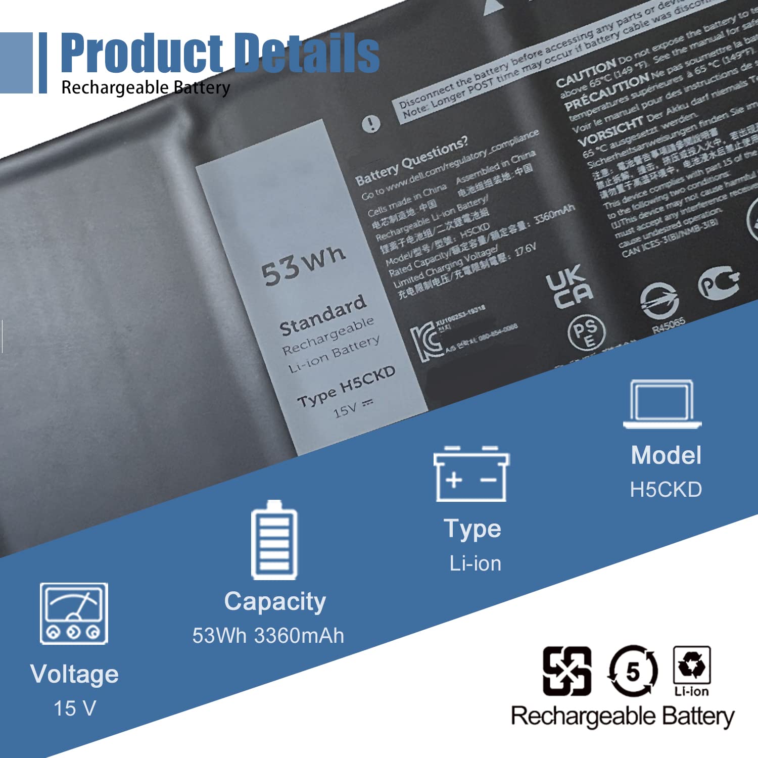Vanpir H5Ckd Laptop Battery, 15V 53Wh 3360Mah Compatible With Dell Vostro 5300 5401 5501 Latitude 3410 3510 Inspiron 5300 5401 5