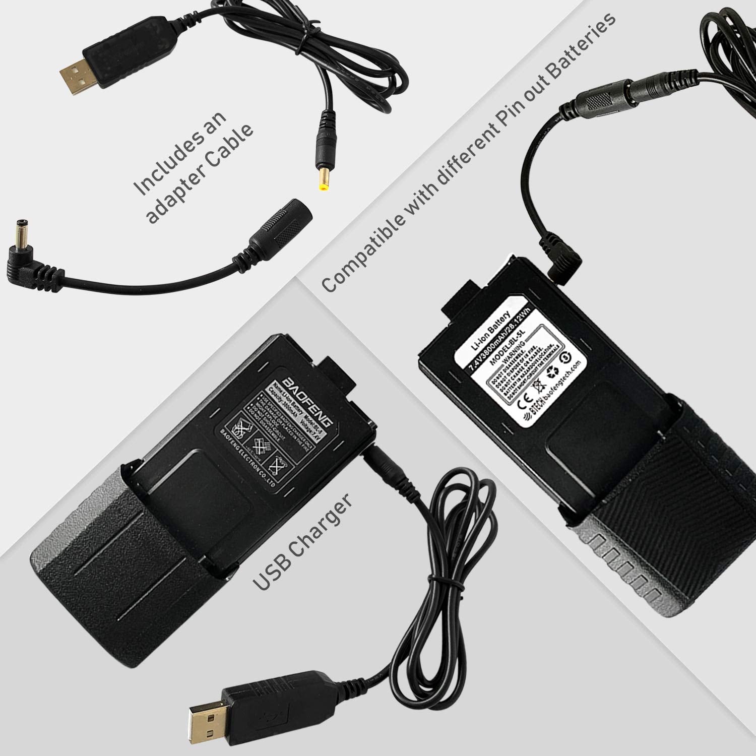 Bt1013 Usb Charging Cable Compatible With Bl-5L And Baofeng Extended Batteries, Includes Dual 2.5Mm Barrel Plug Adapters - Fast