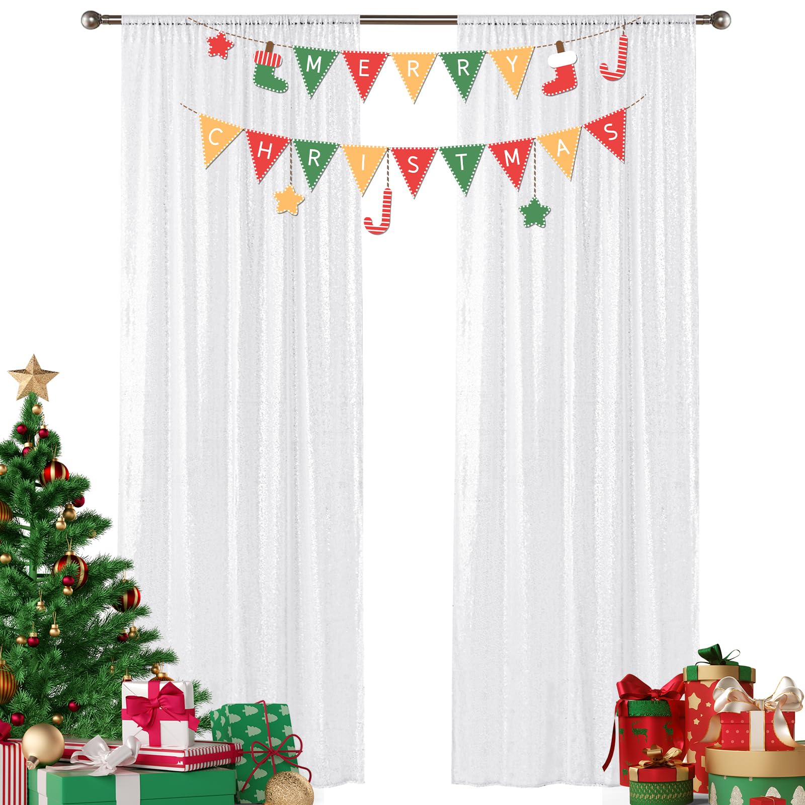 Sugargirl White Sequin Backdrop Curtain 2 Panels 2Ftx8Ft Glitter White Background Drapes Sparkle Photography Backdrop For Party
