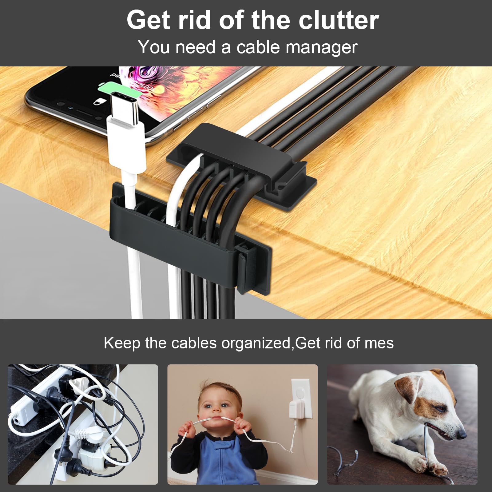 Halsouy 20Pcs Self Adhesive Cable Management Clips Plastic Black for Desk Home Office