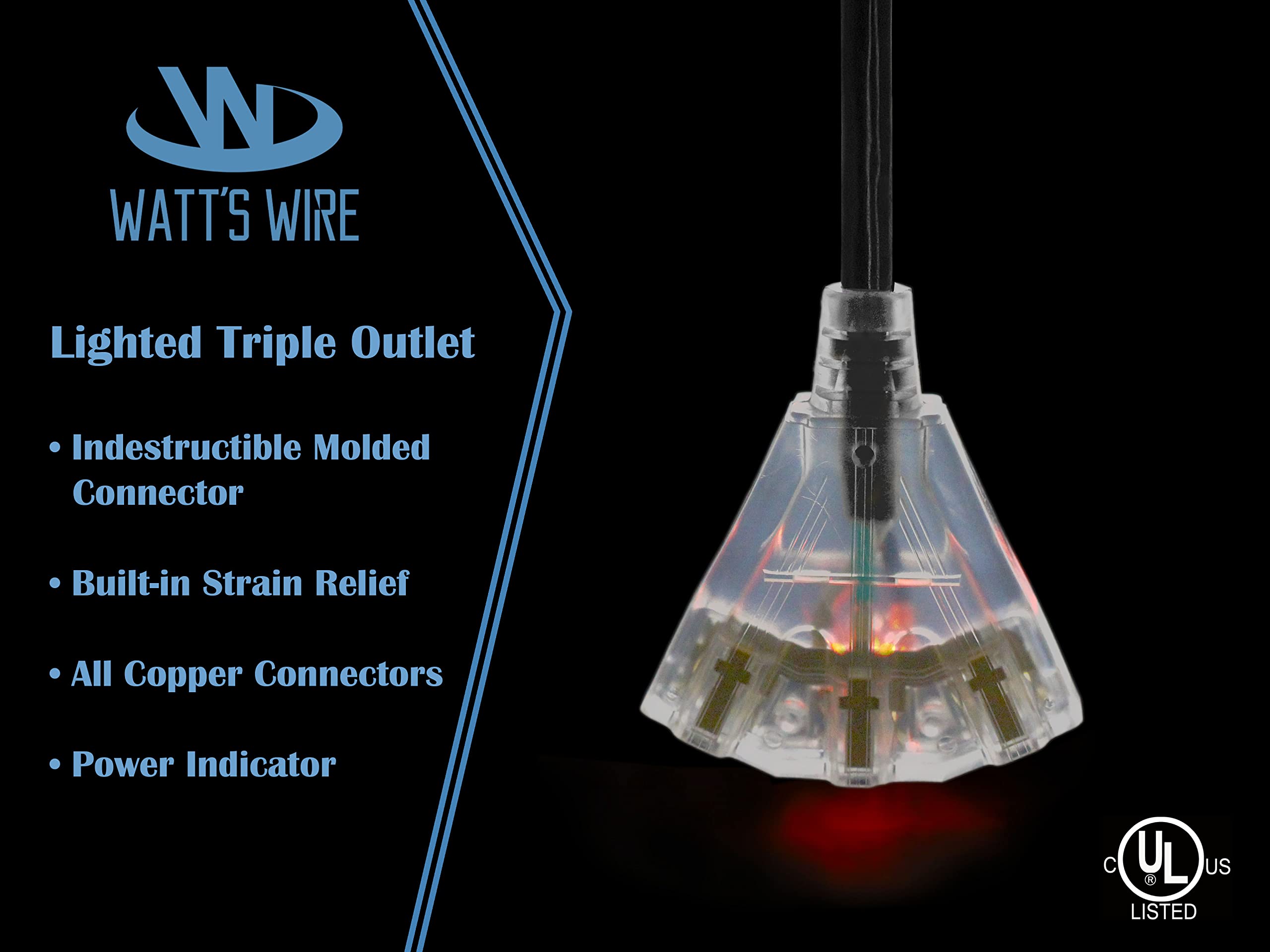 10 Ft   12 Gauge Heavy Duty Extension Cord   3 Outlet Lighted Sjtw   Indoor/Outdoor Extension Cord By Watt'S Wire   10' 12 Gauge