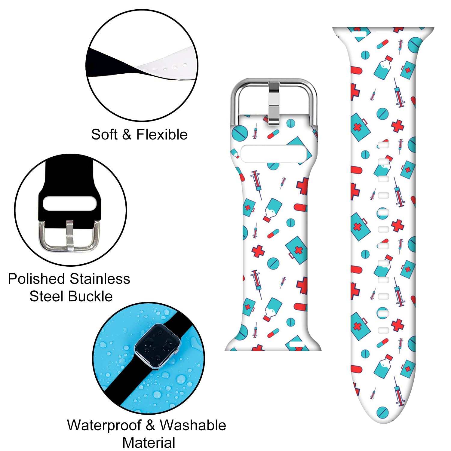 Compatible With Nurse Icons Apple Watch 38/40/41/42/44/45Mm For Women Men,Soft Silicone Nurse Doctor Printed Replacement Wristba