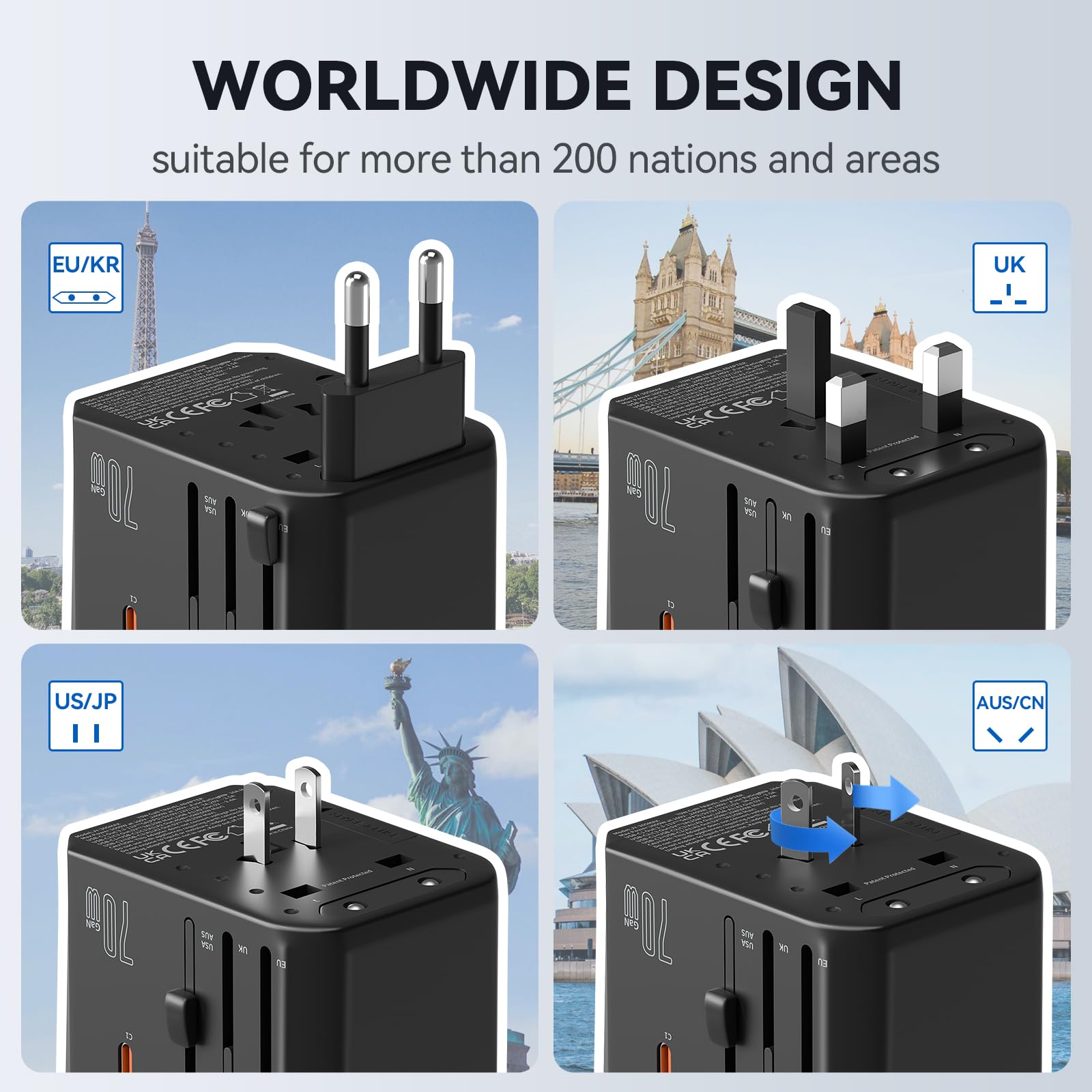 Unidapt Universal Travel Adapter, International Travel Plug Adapter With Uk,Eu,Au,Us Plugs, 70W Gan 3Usb C Pd & 2Usb A Qc Worldw