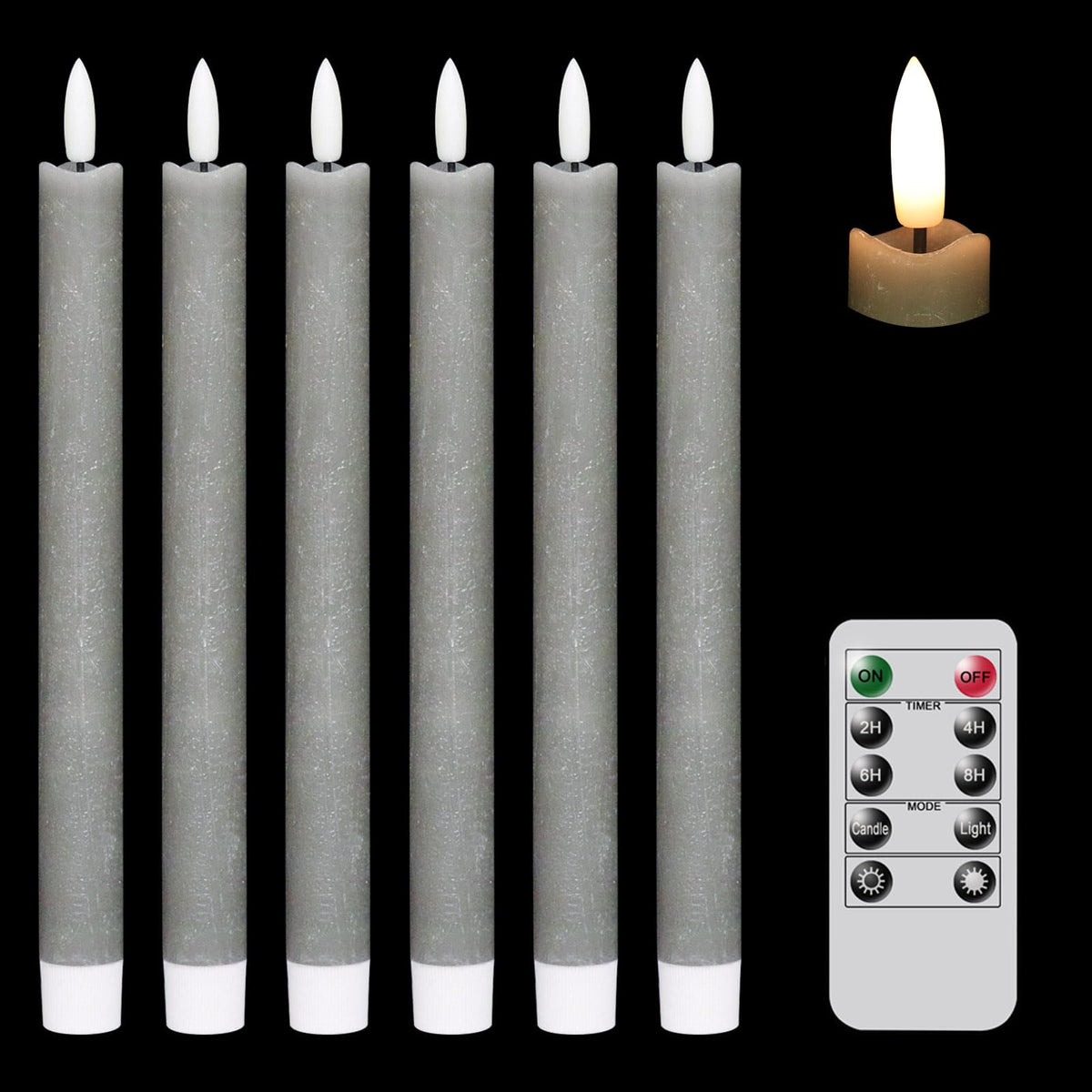 Genswin Flameless Grey Taper Candles Flickering With 10-Key Remote, Battery Operated Led Warm 3D Wick Light Window Candles Real 